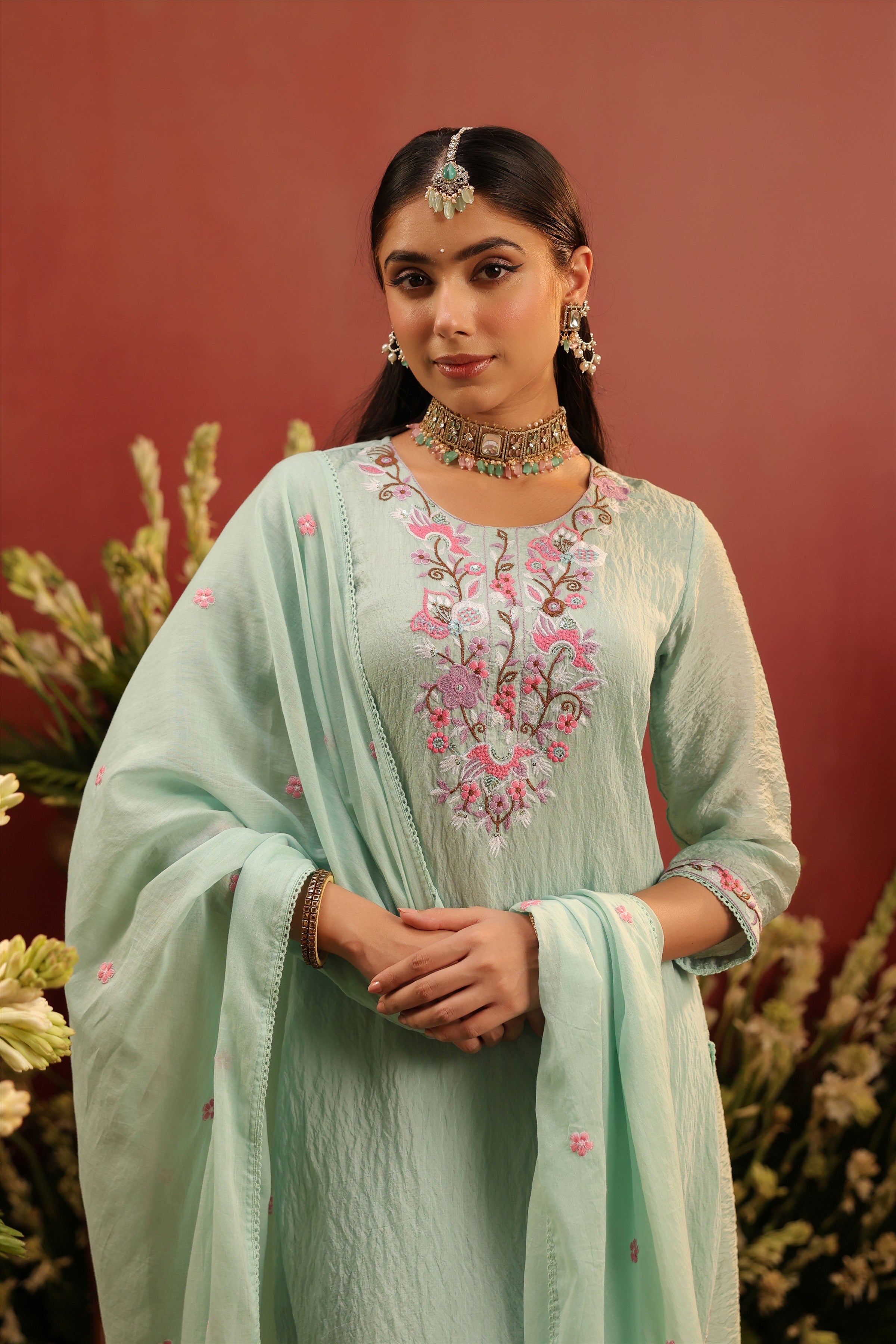 Sea Green Mul Chanderi Floral Embroidered Straight Suit Set