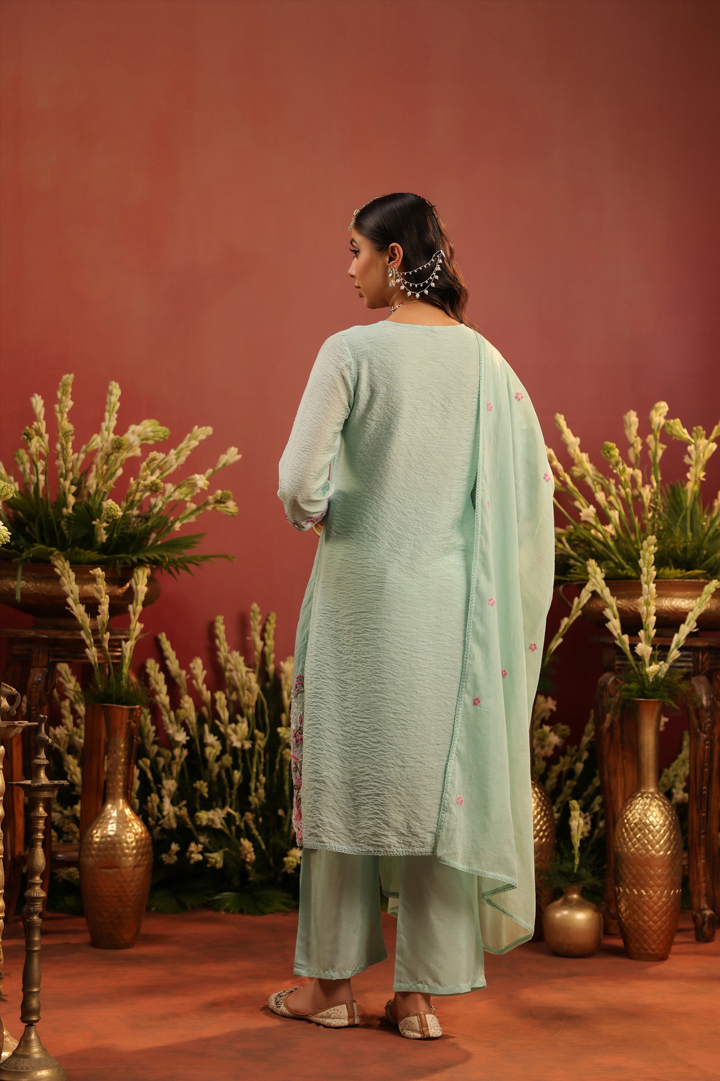 Sea Green Mul Chanderi Floral Embroidered Straight Suit Set