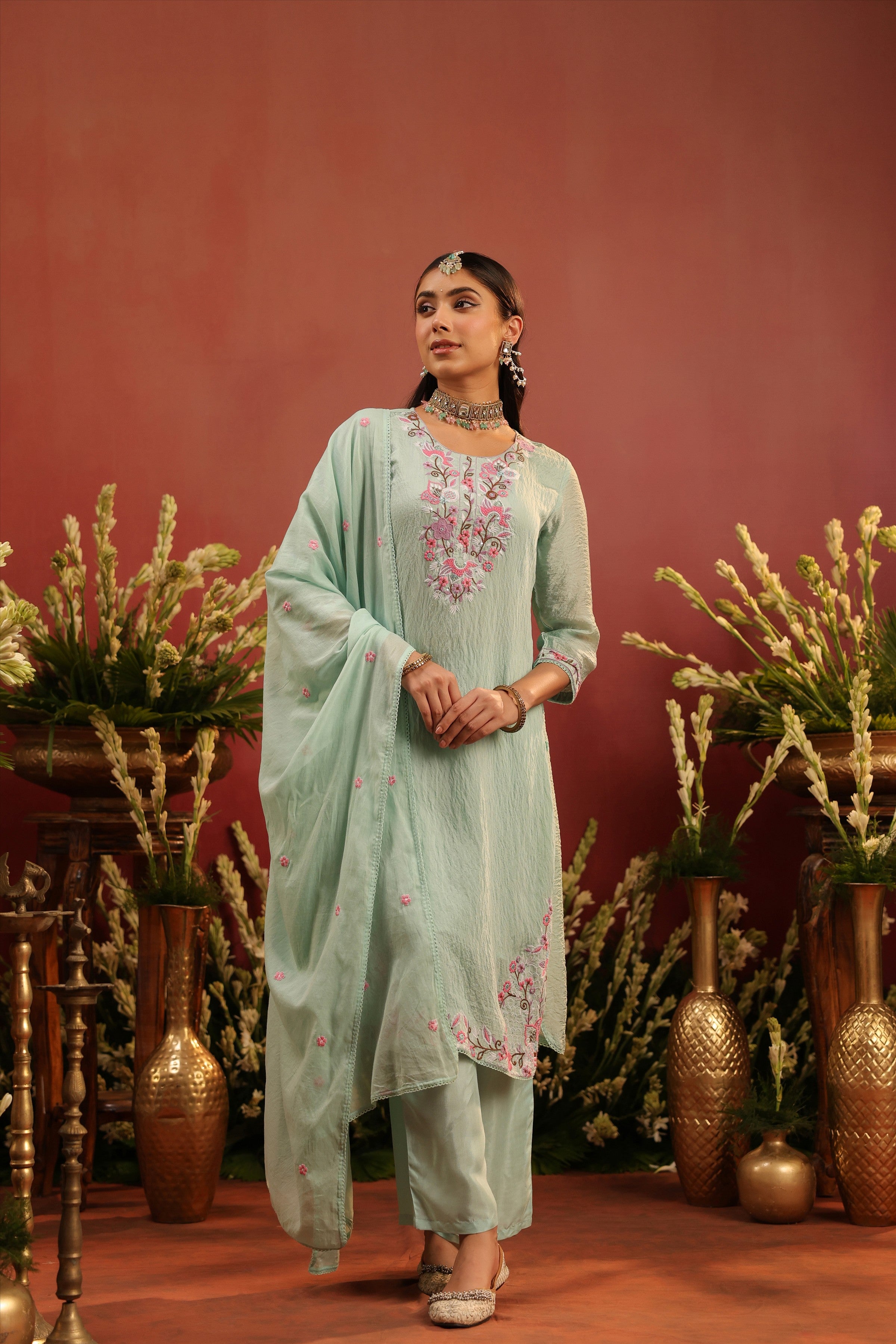 Sea Green Mul Chanderi Floral Embroidered Straight Suit Set