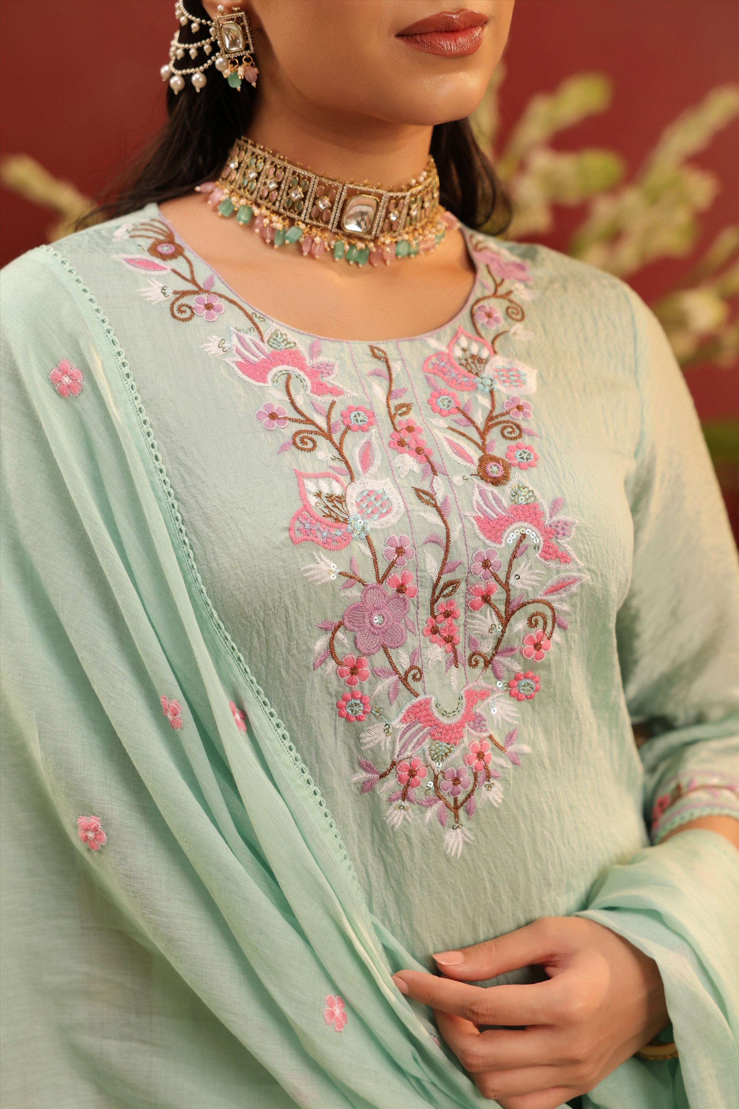 Sea Green Mul Chanderi Floral Embroidered Straight Suit Set