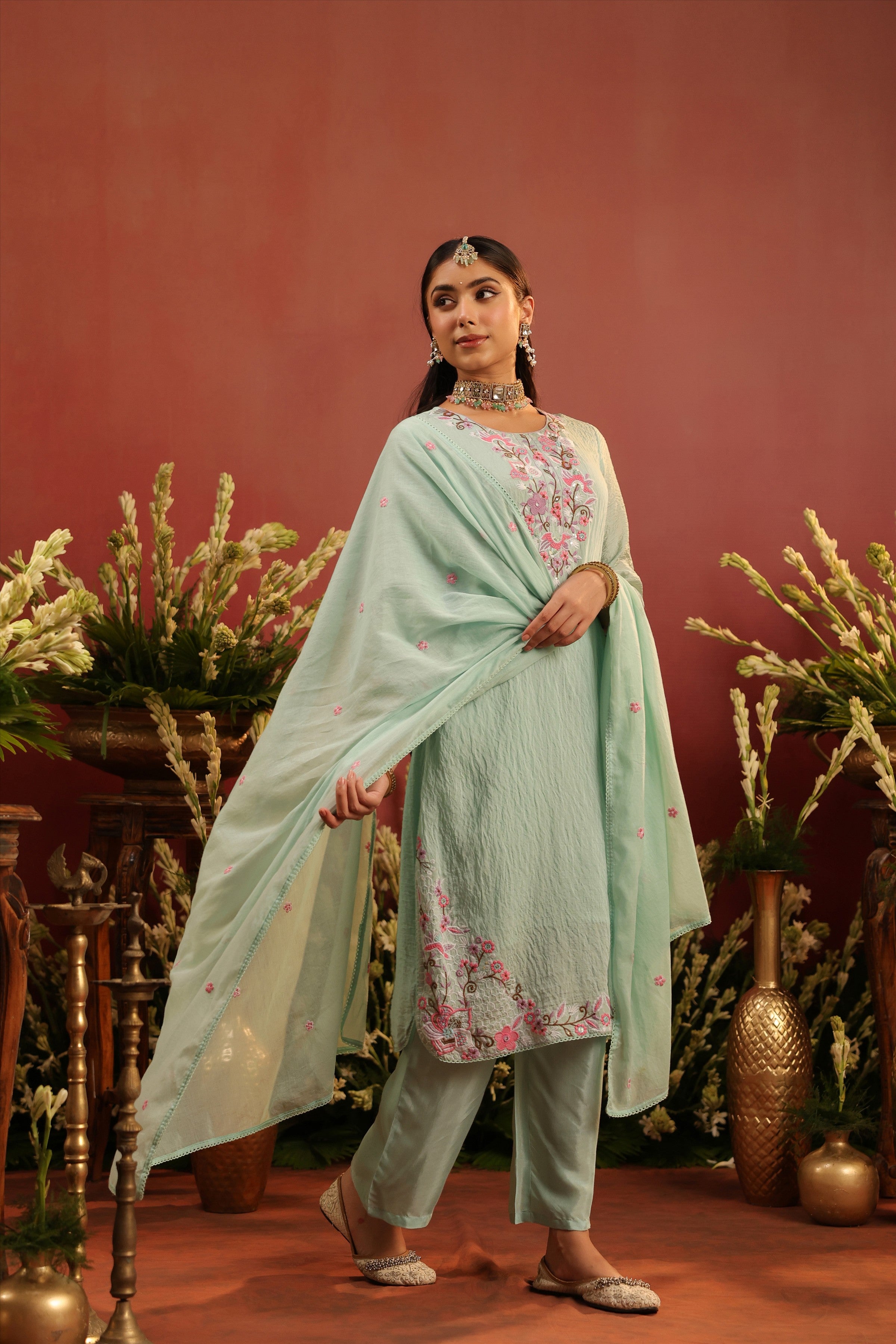 Sea Green Mul Chanderi Floral Embroidered Straight Suit Set