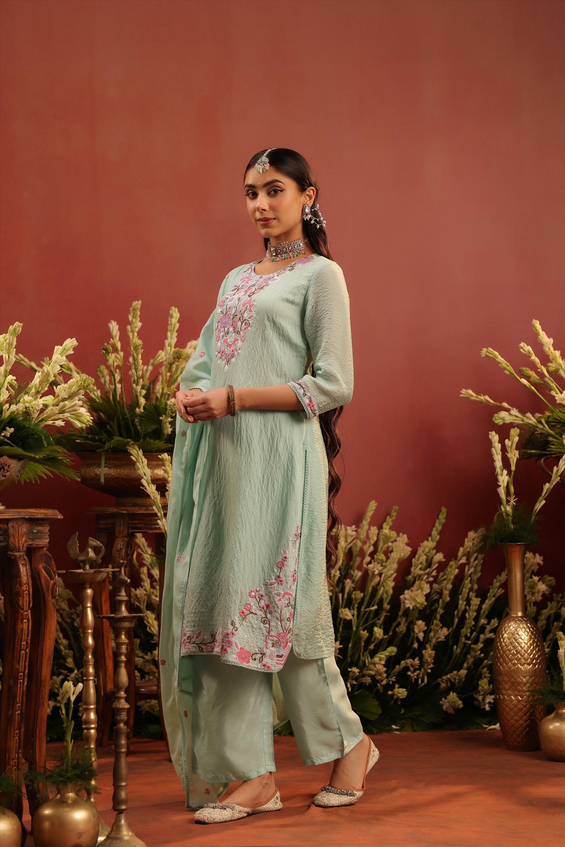Sea Green Mul Chanderi Floral Embroidered Straight Suit Set