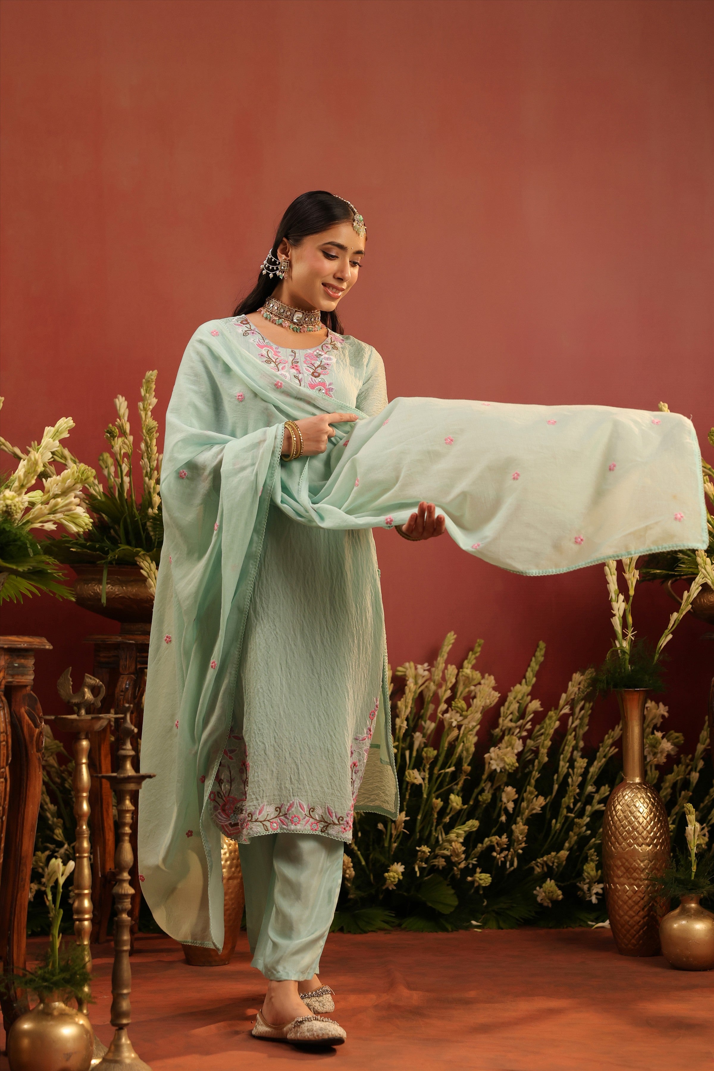 Sea Green Mul Chanderi Floral Embroidered Straight Suit Set