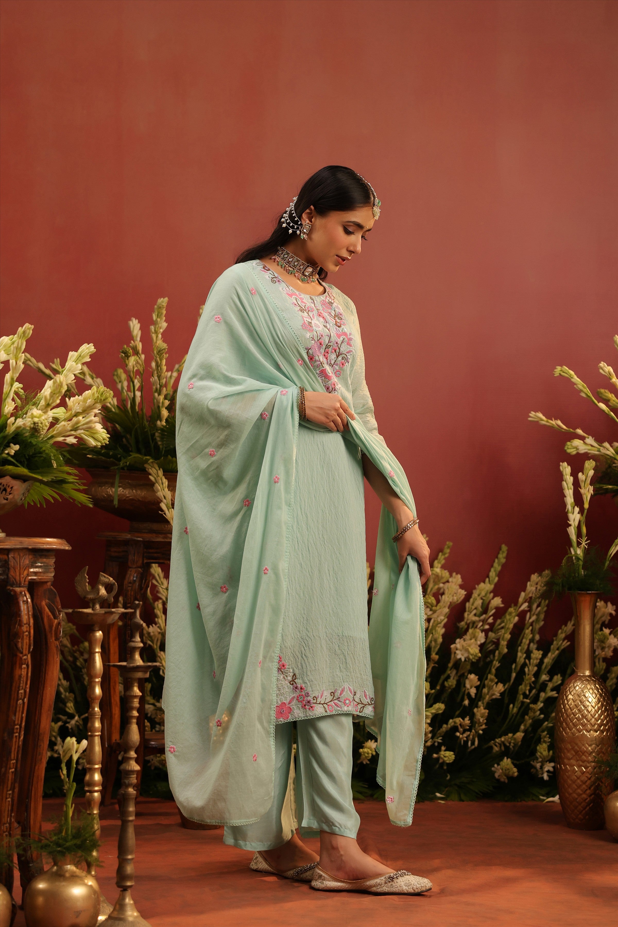 Sea Green Mul Chanderi Floral Embroidered Straight Suit Set
