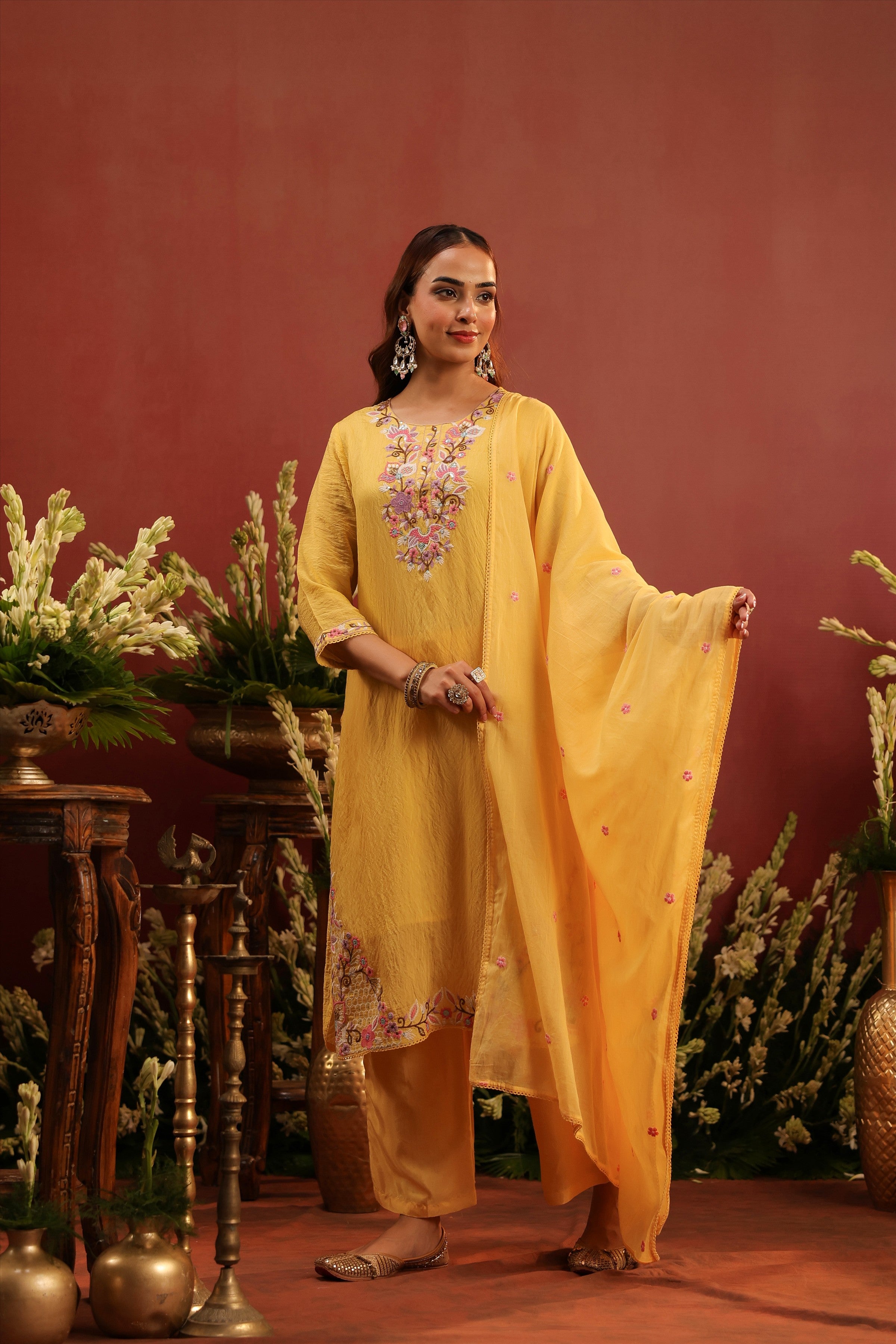 Yellow Mul Chanderi Floral Embroidered Straight Suit Set