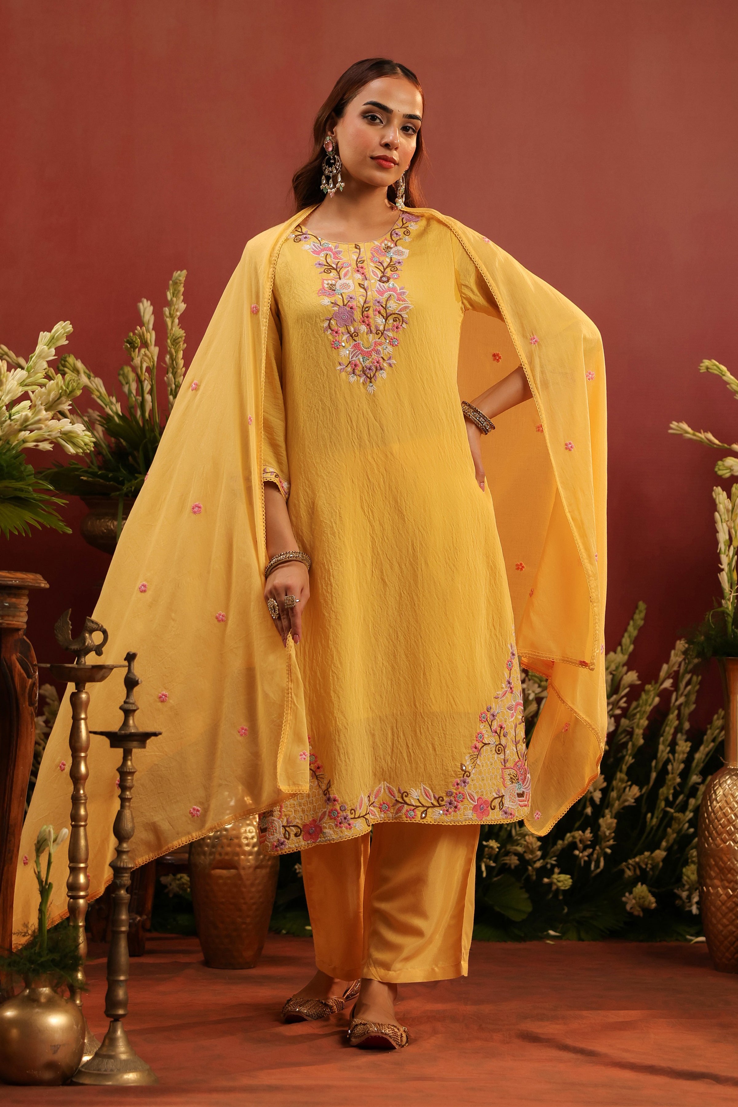Yellow Mul Chanderi Floral Embroidered Straight Suit Set