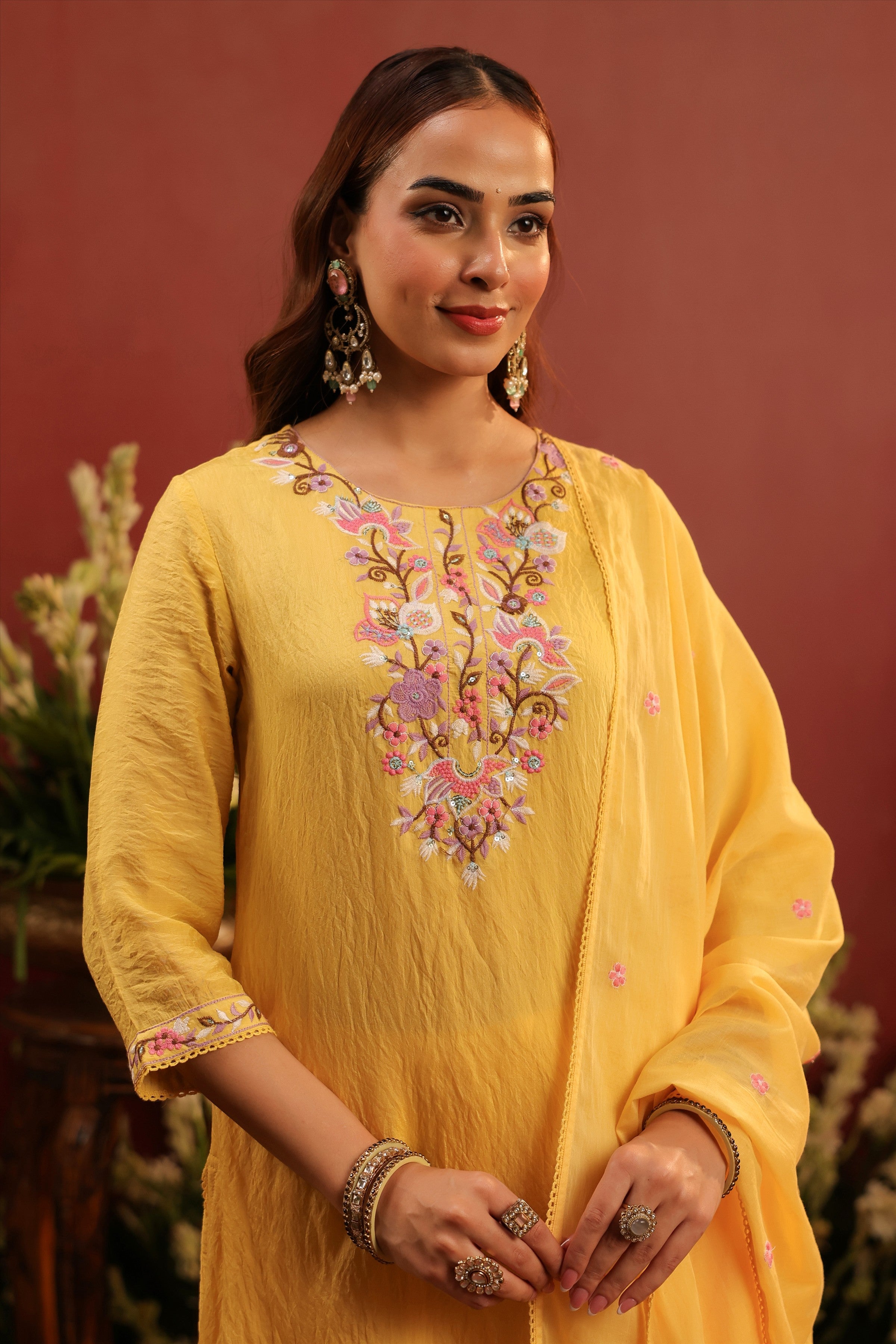 Yellow Mul Chanderi Floral Embroidered Straight Suit Set