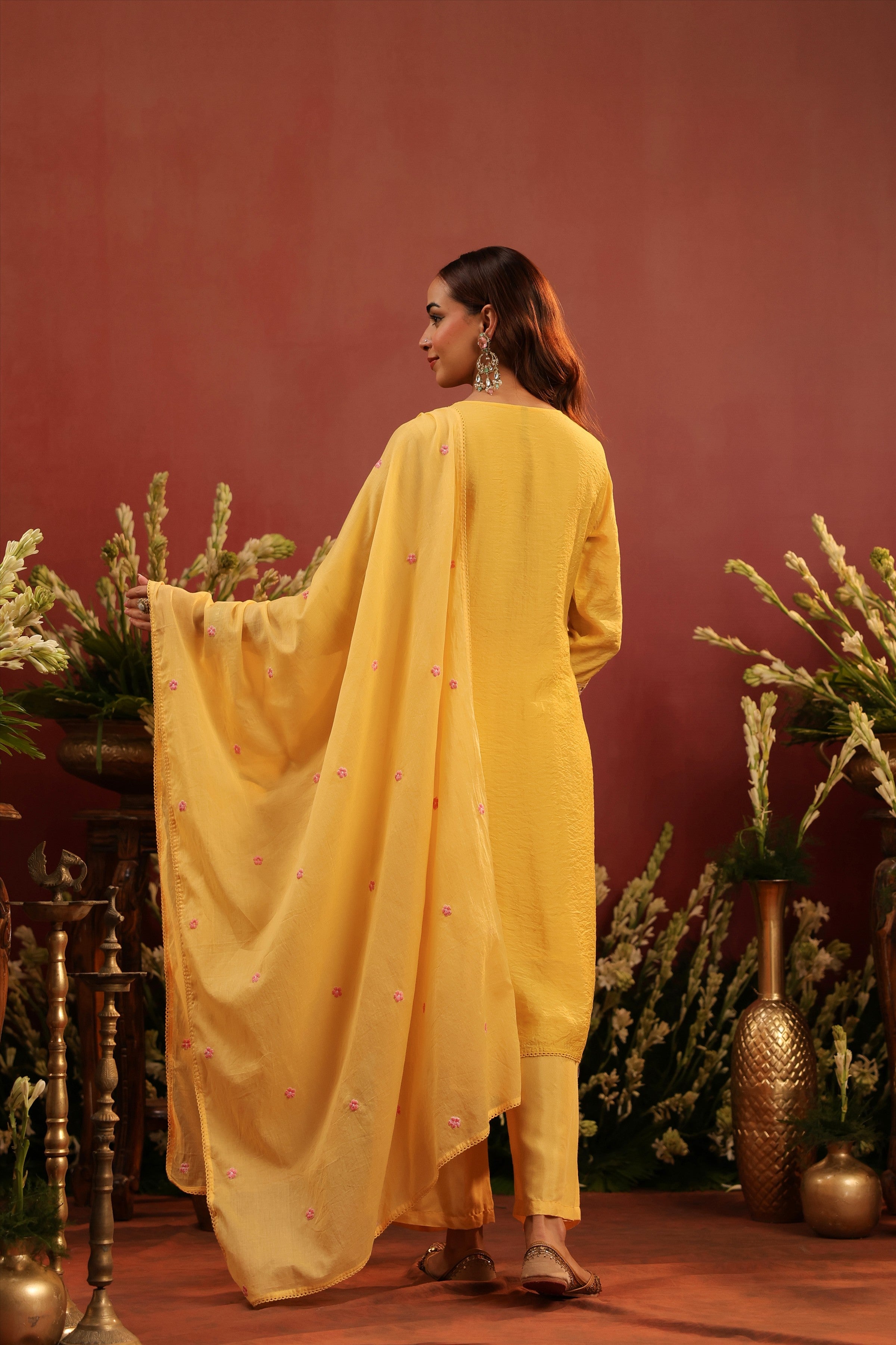 Yellow Mul Chanderi Floral Embroidered Straight Suit Set