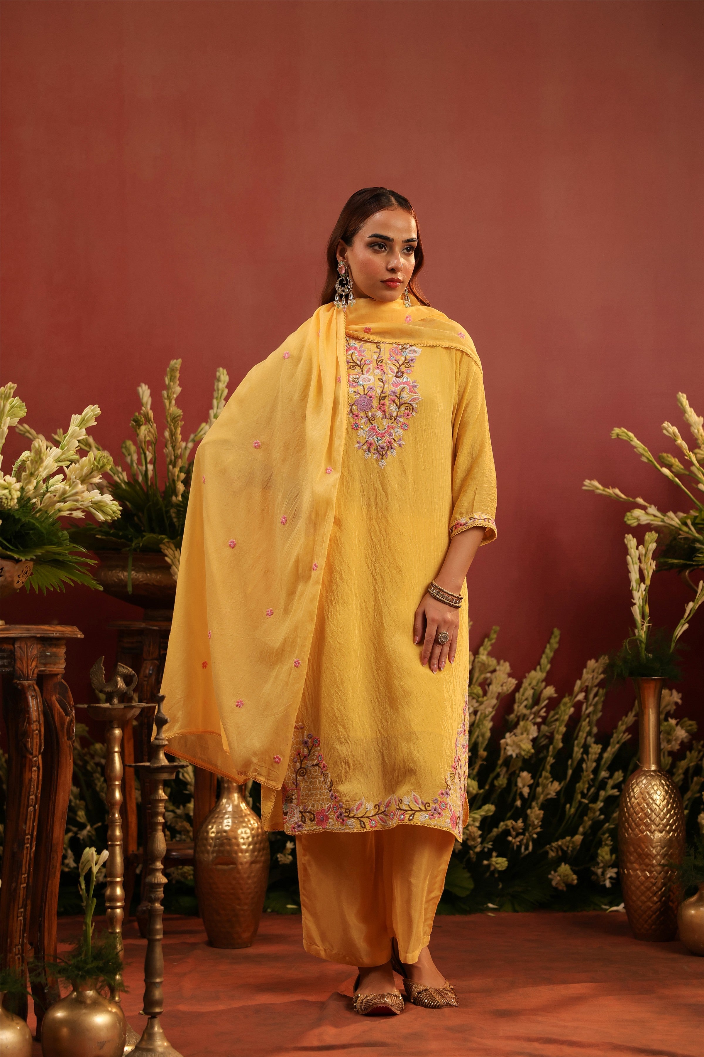 Yellow Mul Chanderi Floral Embroidered Straight Suit Set