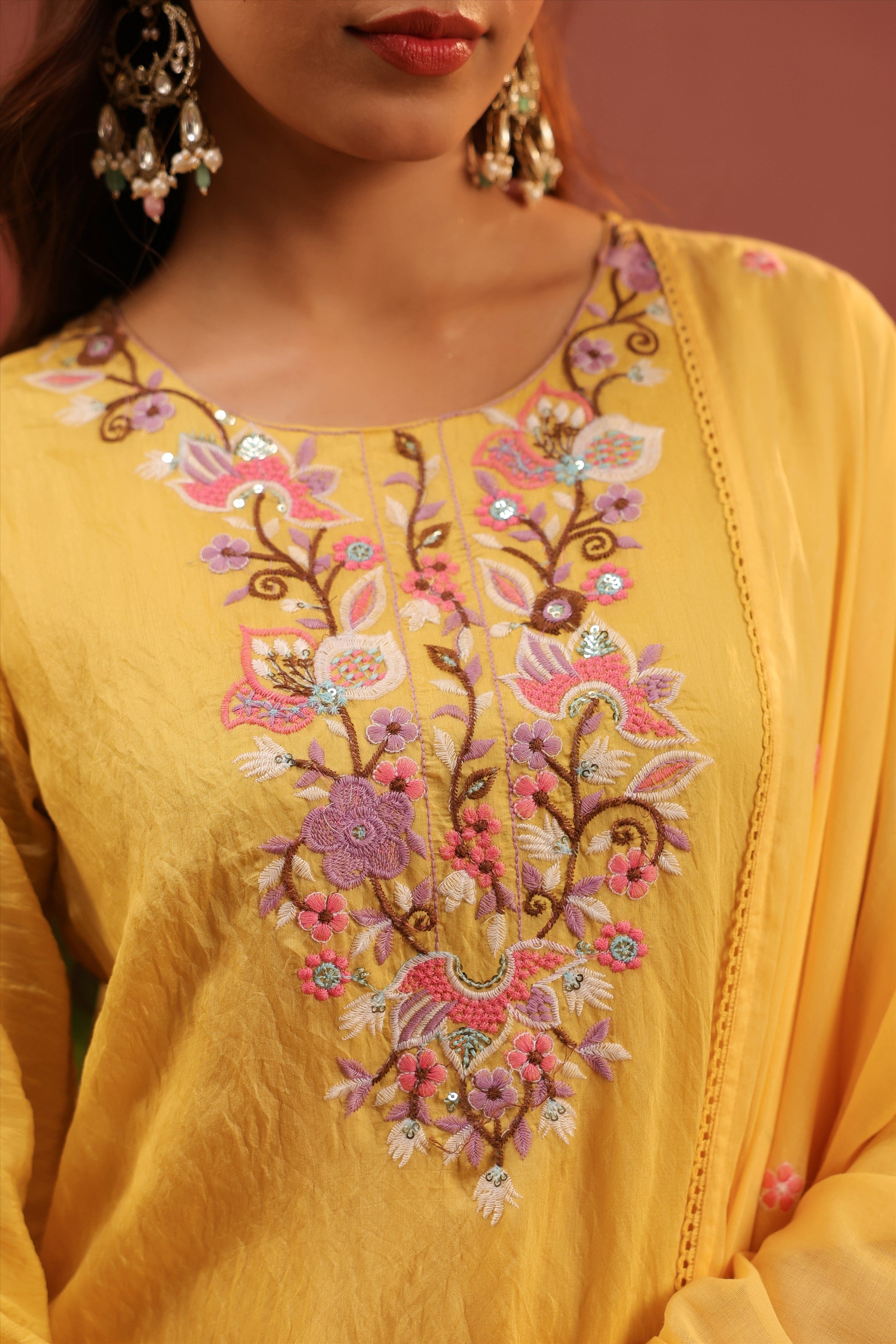 Yellow Mul Chanderi Floral Embroidered Straight Suit Set