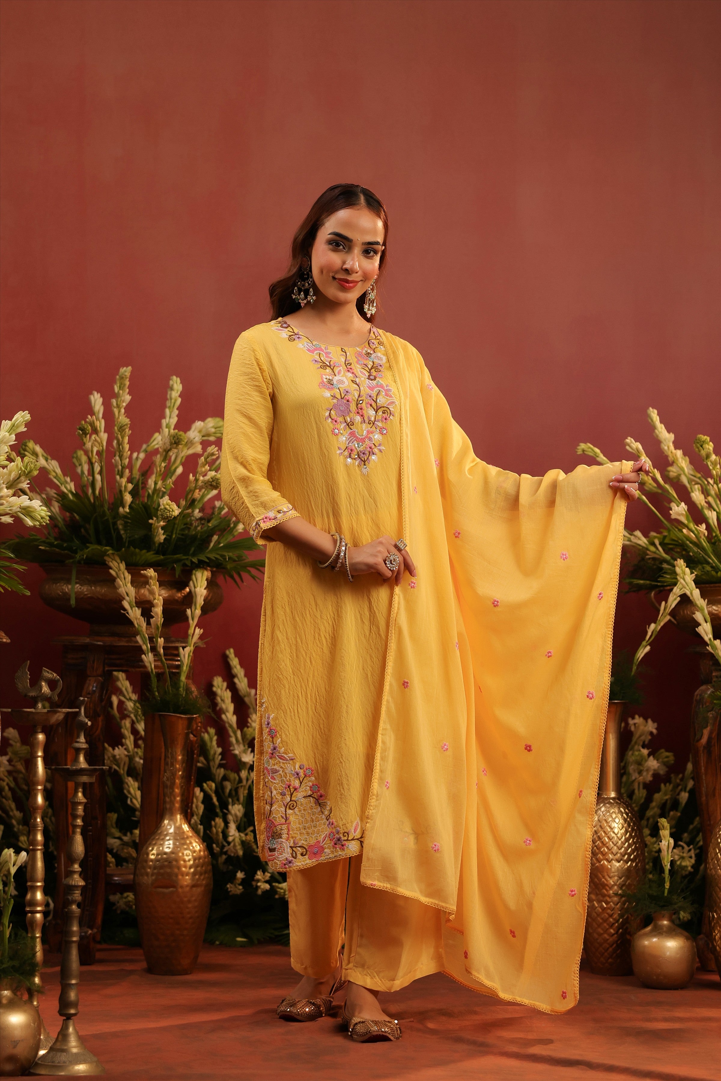 Yellow Mul Chanderi Floral Embroidered Straight Suit Set