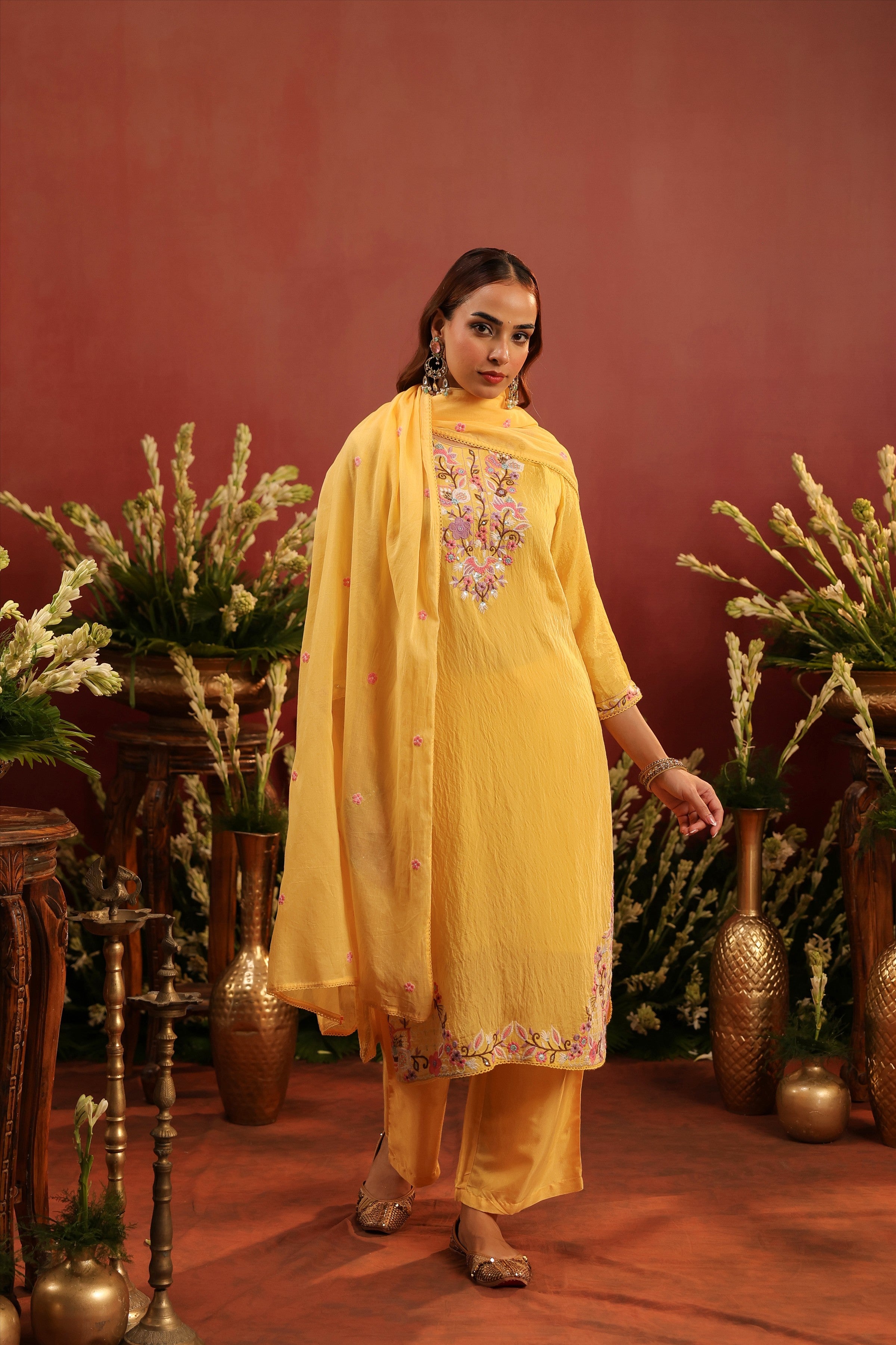 Yellow Mul Chanderi Floral Embroidered Straight Suit Set