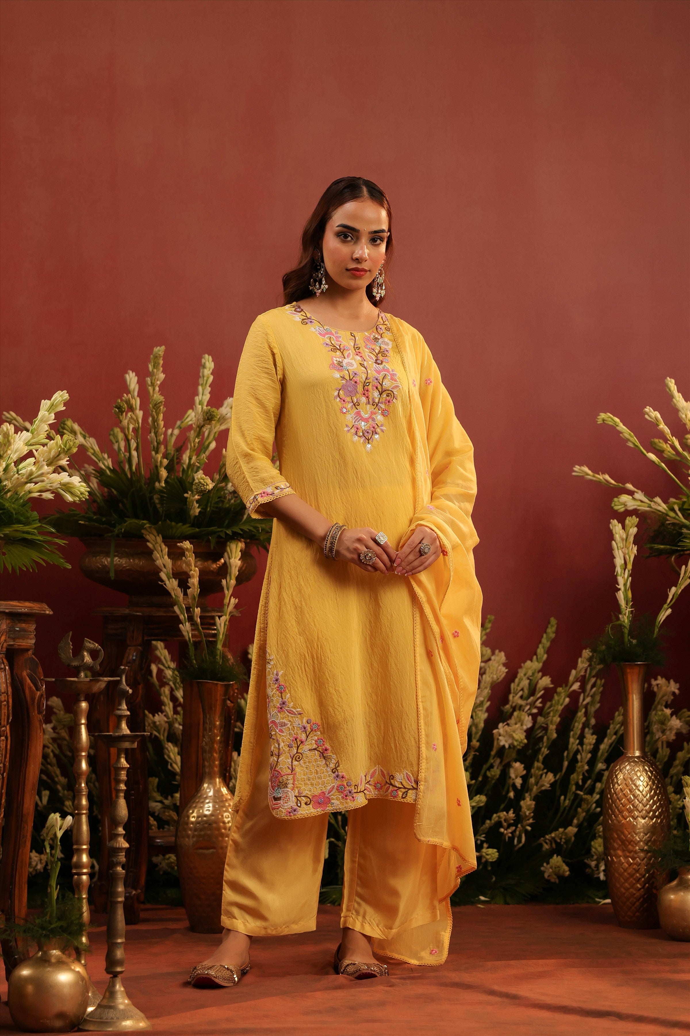 Yellow Mul Chanderi Floral Embroidered Straight Suit Set
