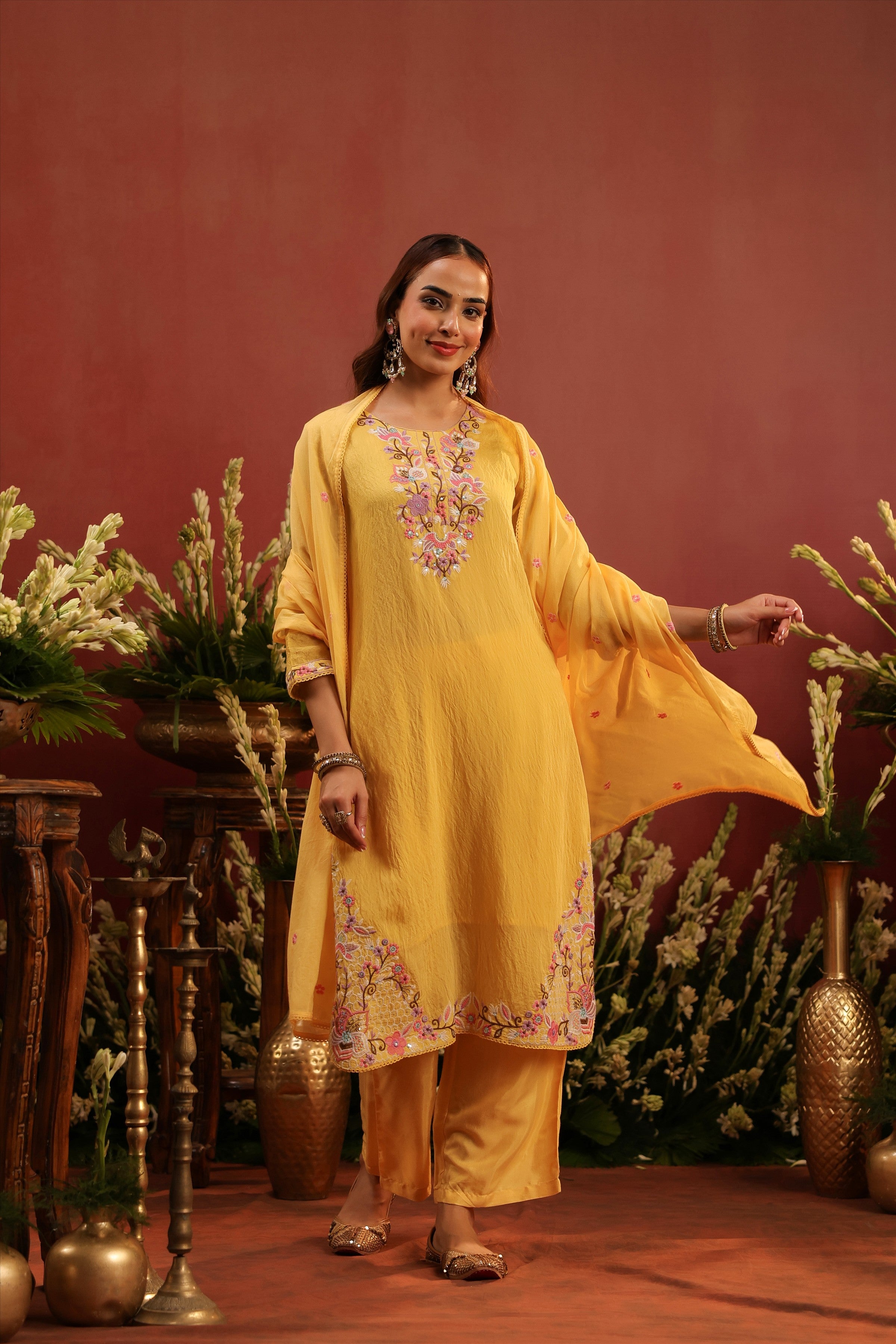 Yellow Mul Chanderi Floral Embroidered Straight Suit Set