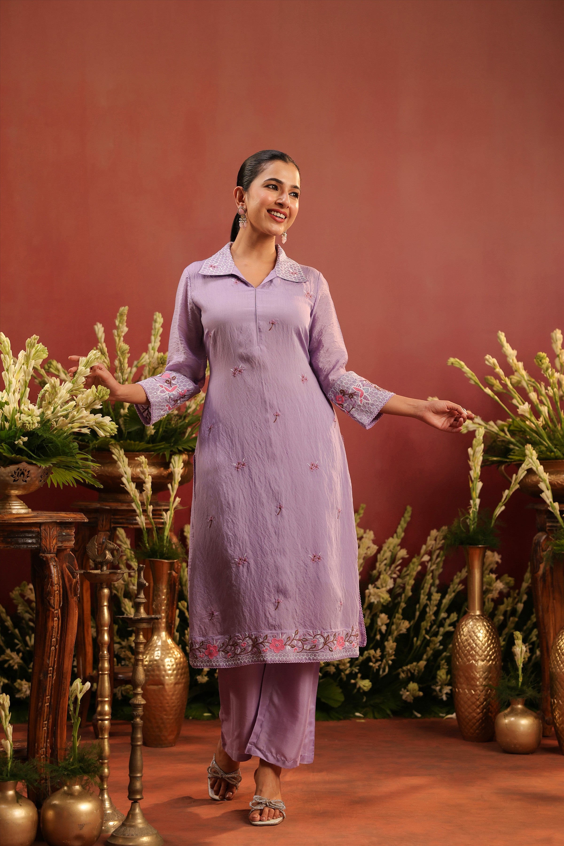 Lavender Mul Chanderi Embroidered Co-ord Set