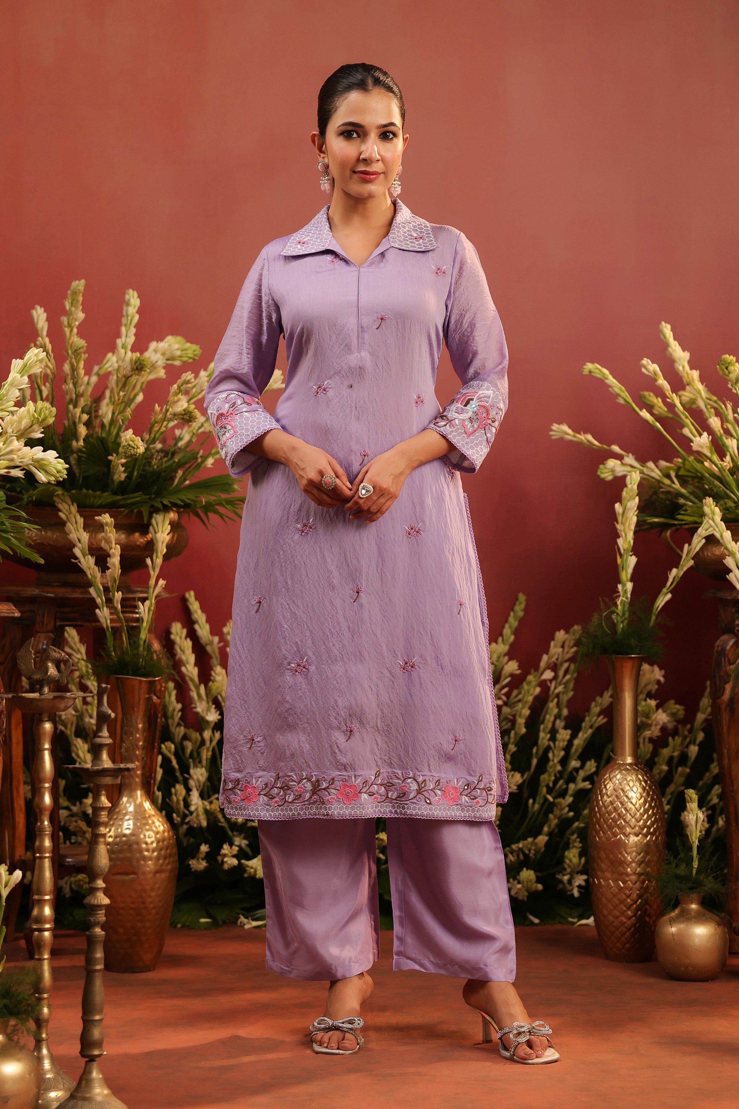 Lavender Mul Chanderi Embroidered Co-ord Set