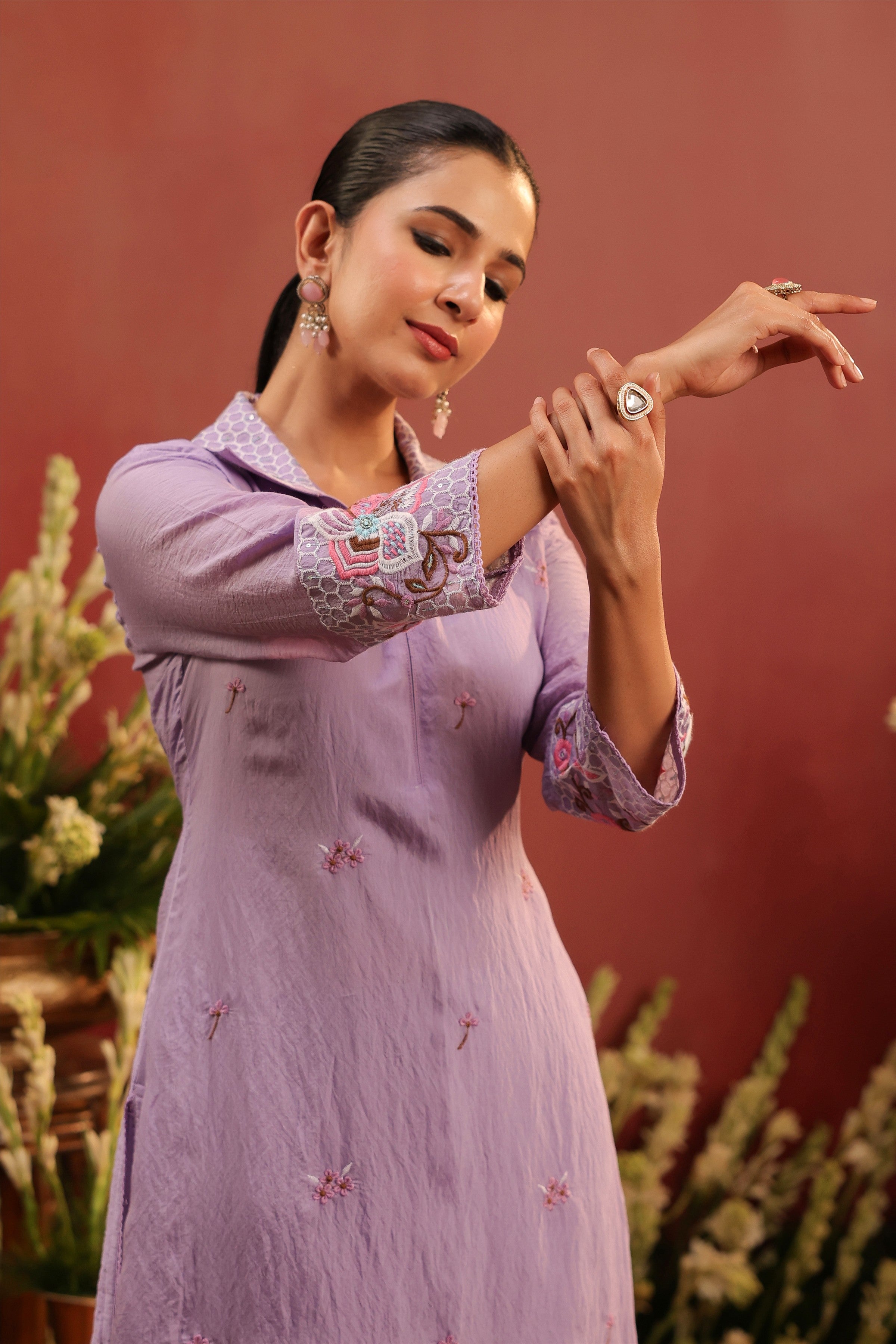 Lavender Mul Chanderi Embroidered Co-ord Set