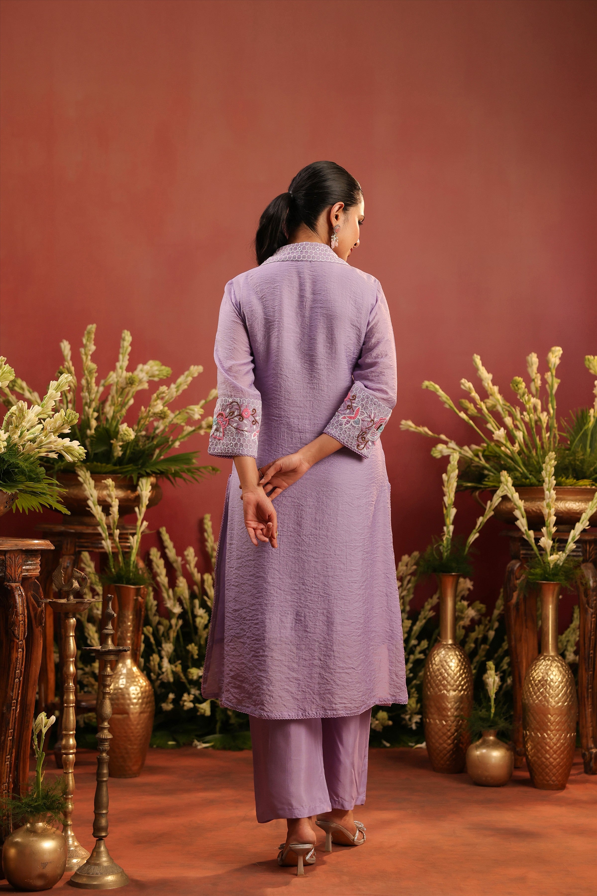 Lavender Mul Chanderi Embroidered Co-ord Set