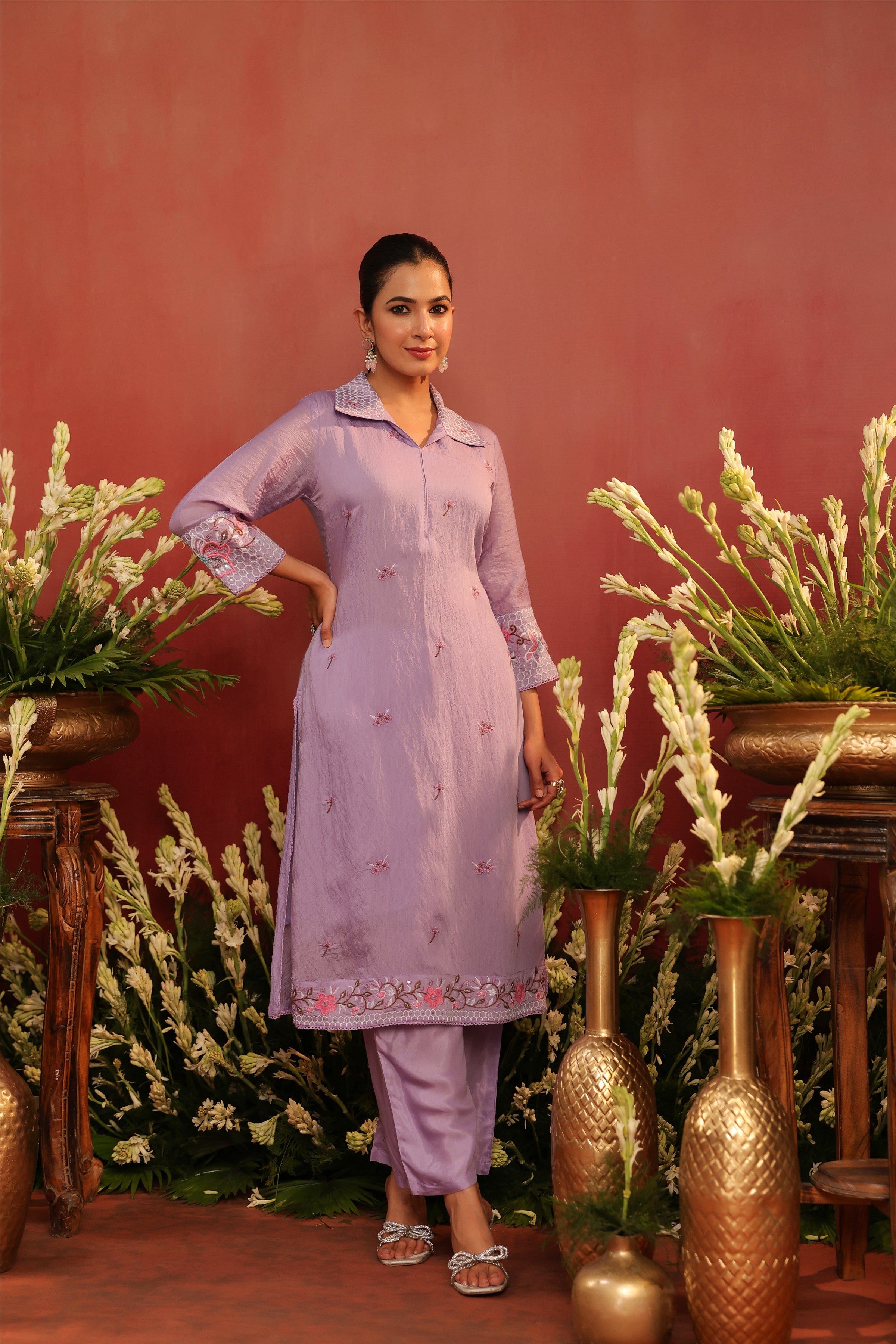 Lavender Mul Chanderi Embroidered Co-ord Set