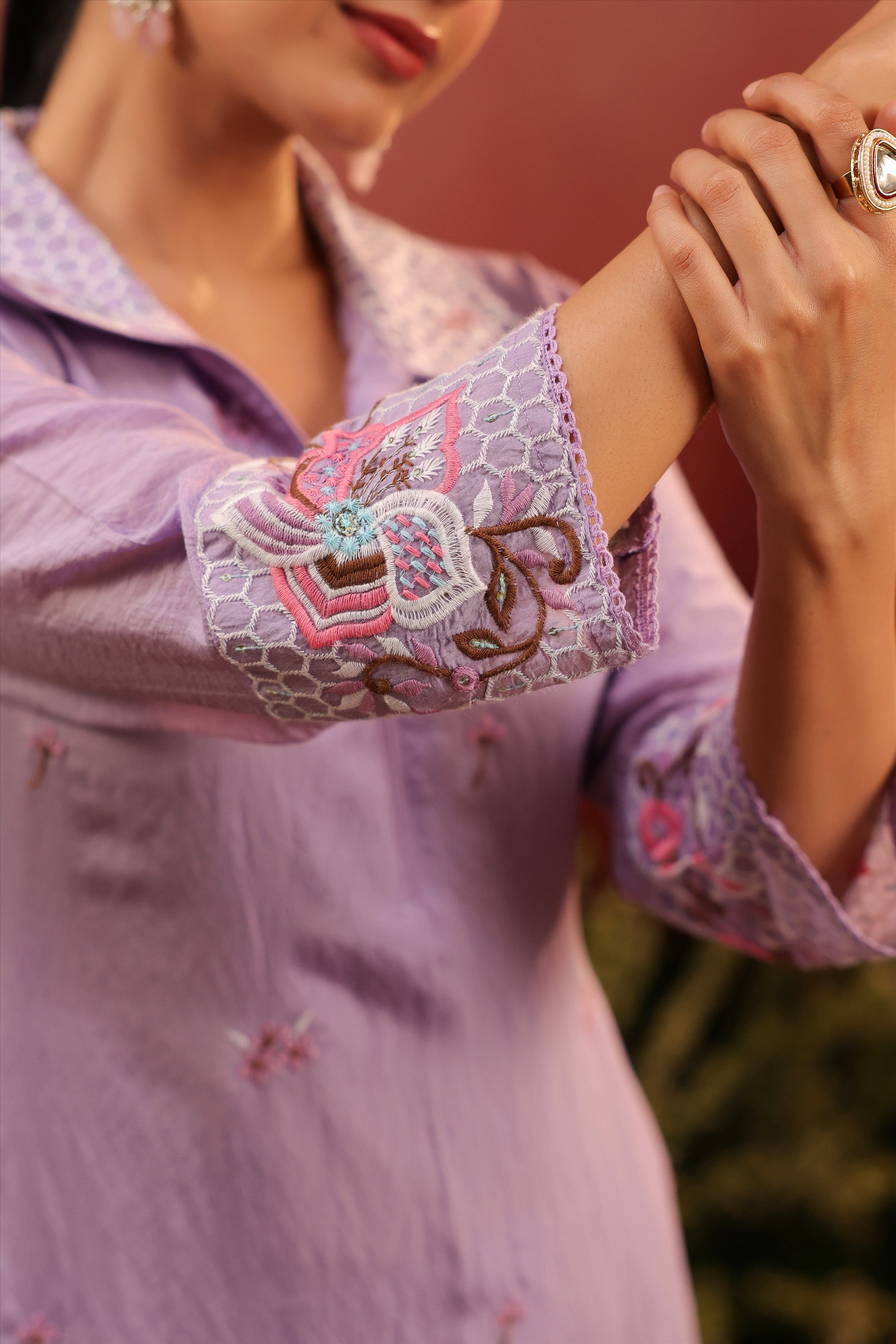 Lavender Mul Chanderi Embroidered Co-ord Set