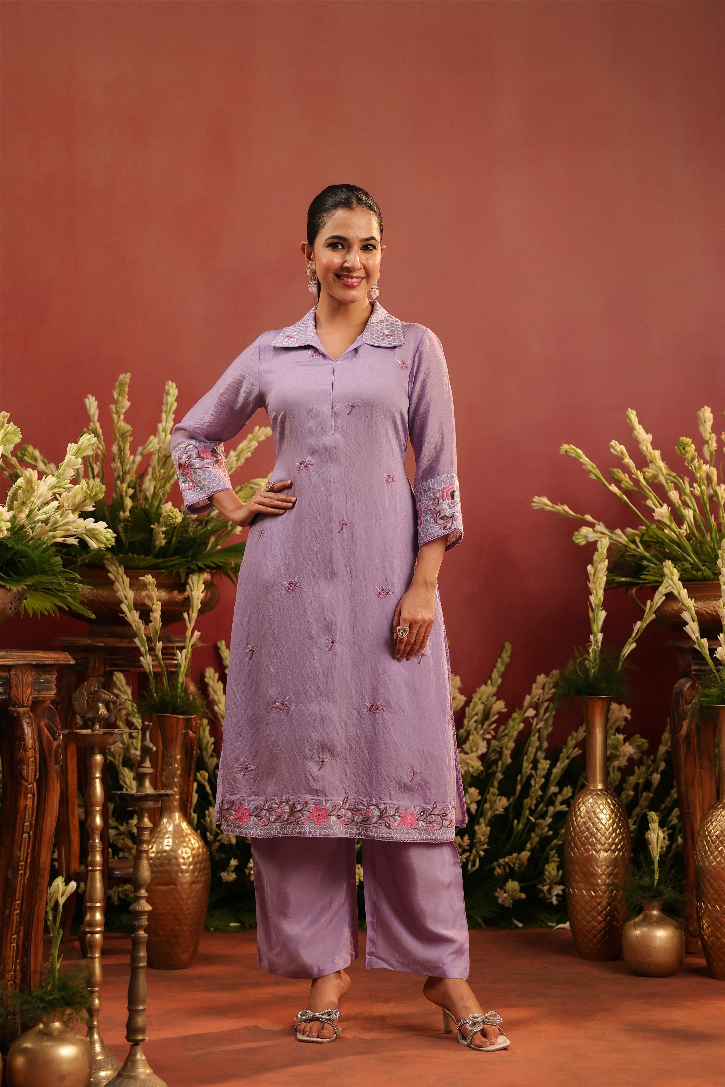 Lavender Mul Chanderi Embroidered Co-ord Set