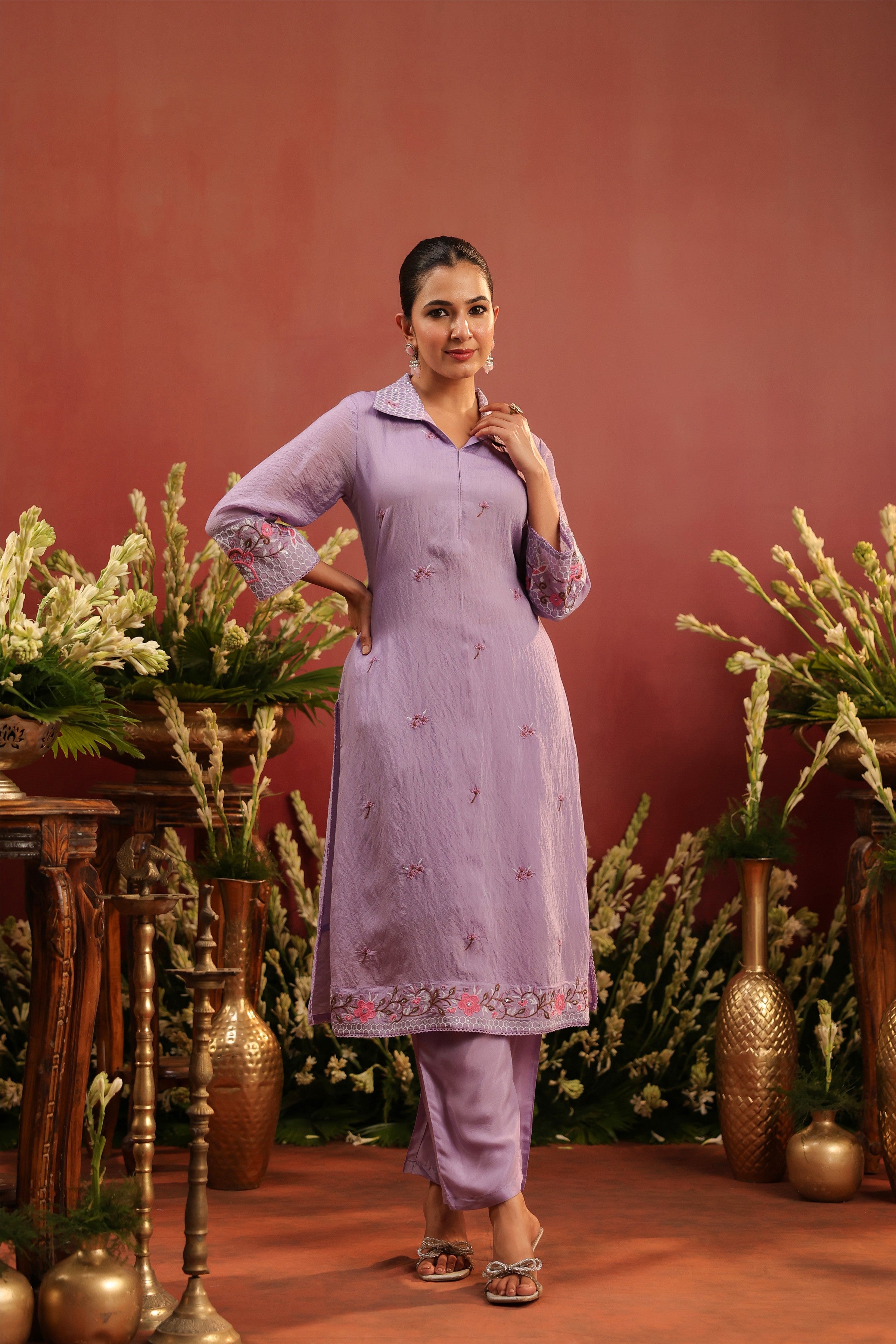 Lavender Mul Chanderi Embroidered Co-ord Set