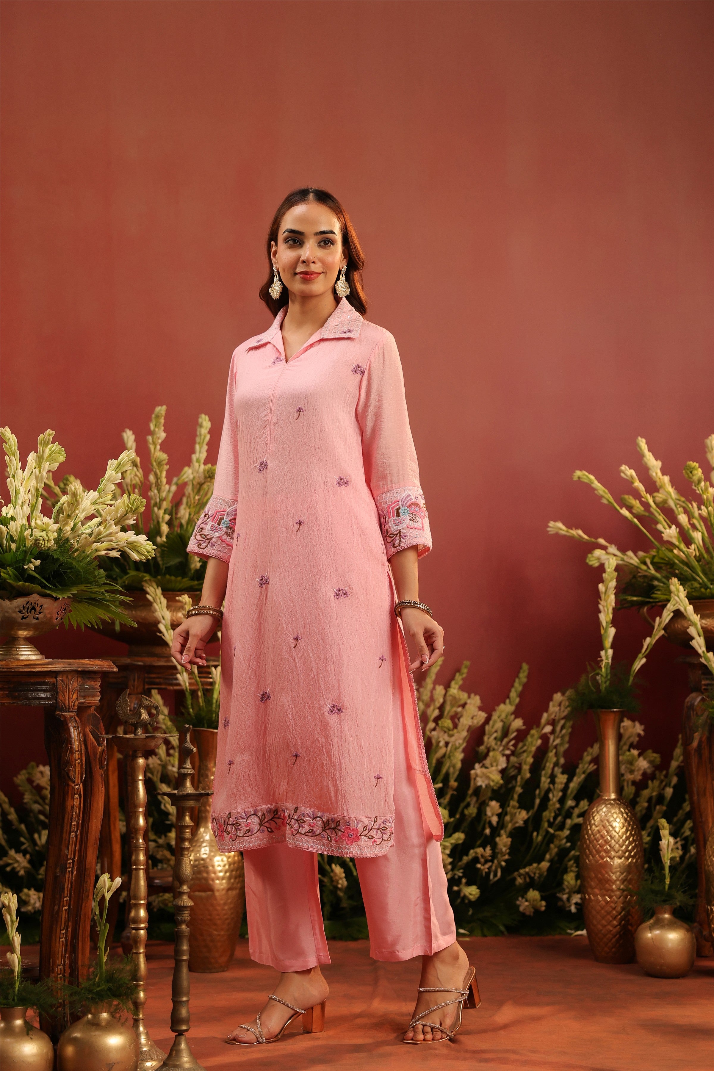 Pink Mul Chanderi Embroidered Co-ord Set