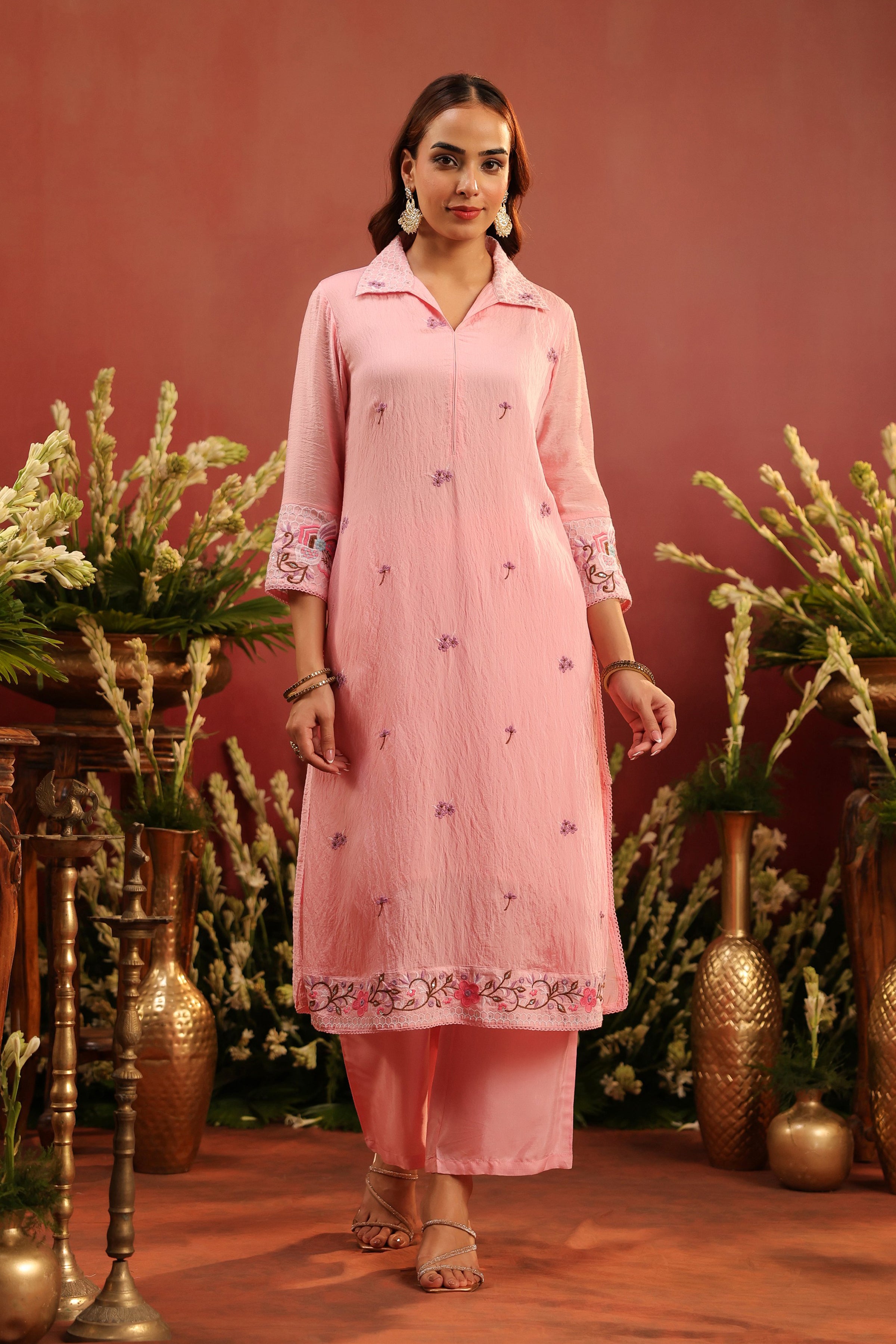 Pink Mul Chanderi Embroidered Co-ord Set