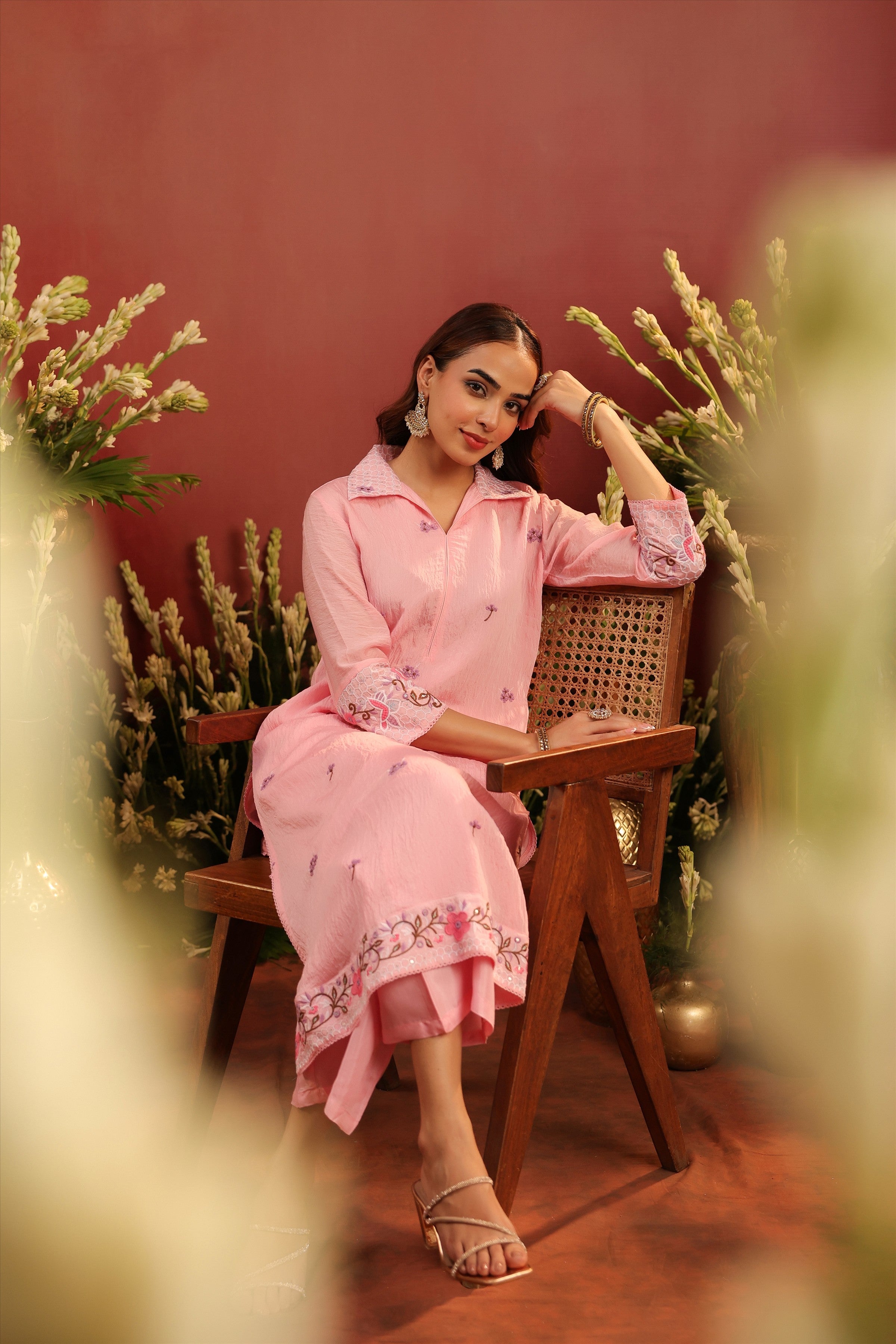 Pink Mul Chanderi Embroidered Co-ord Set
