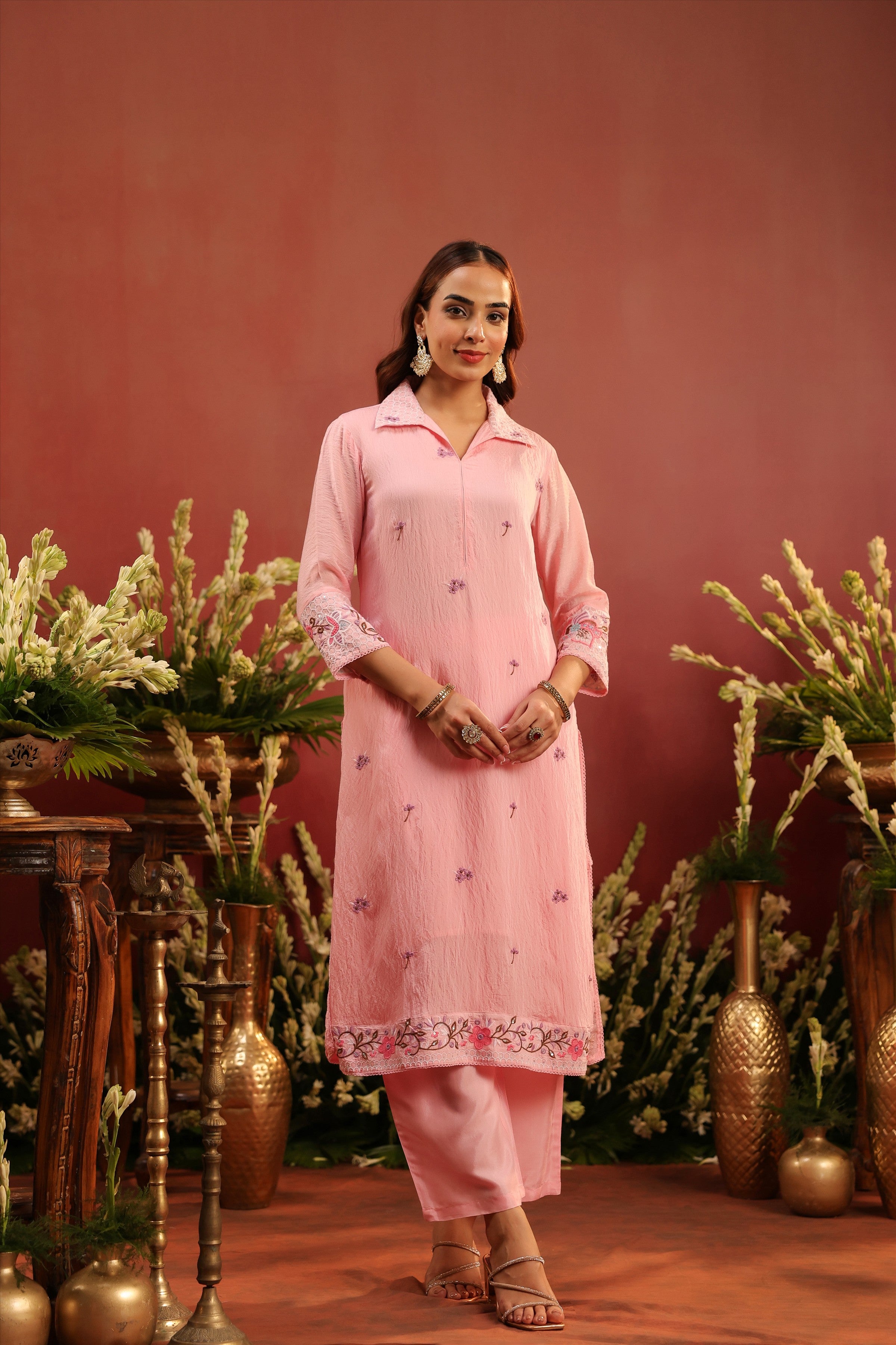 Pink Mul Chanderi Embroidered Co-ord Set