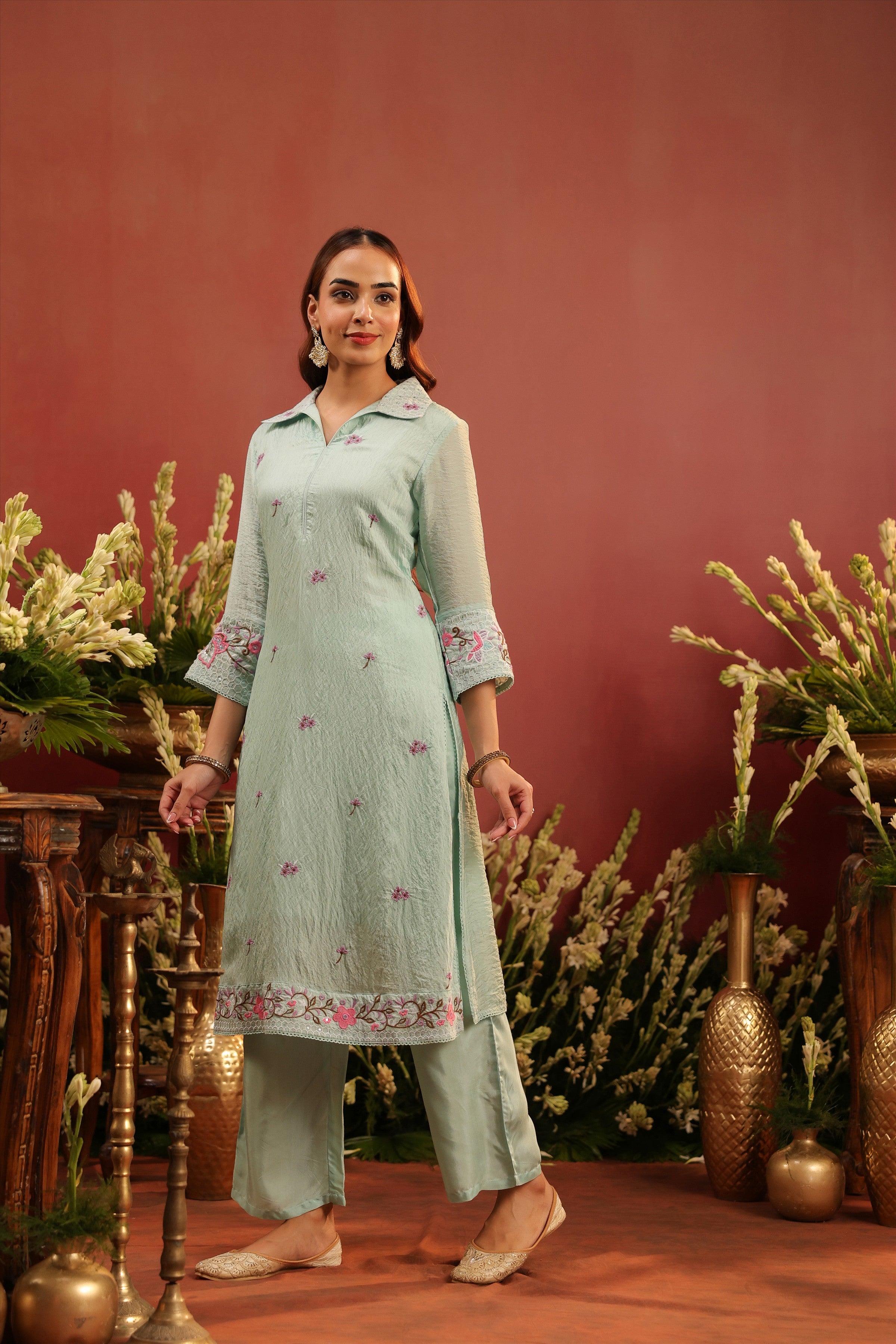 Sea Green Mul Chanderi Embroidered Co-ord Set