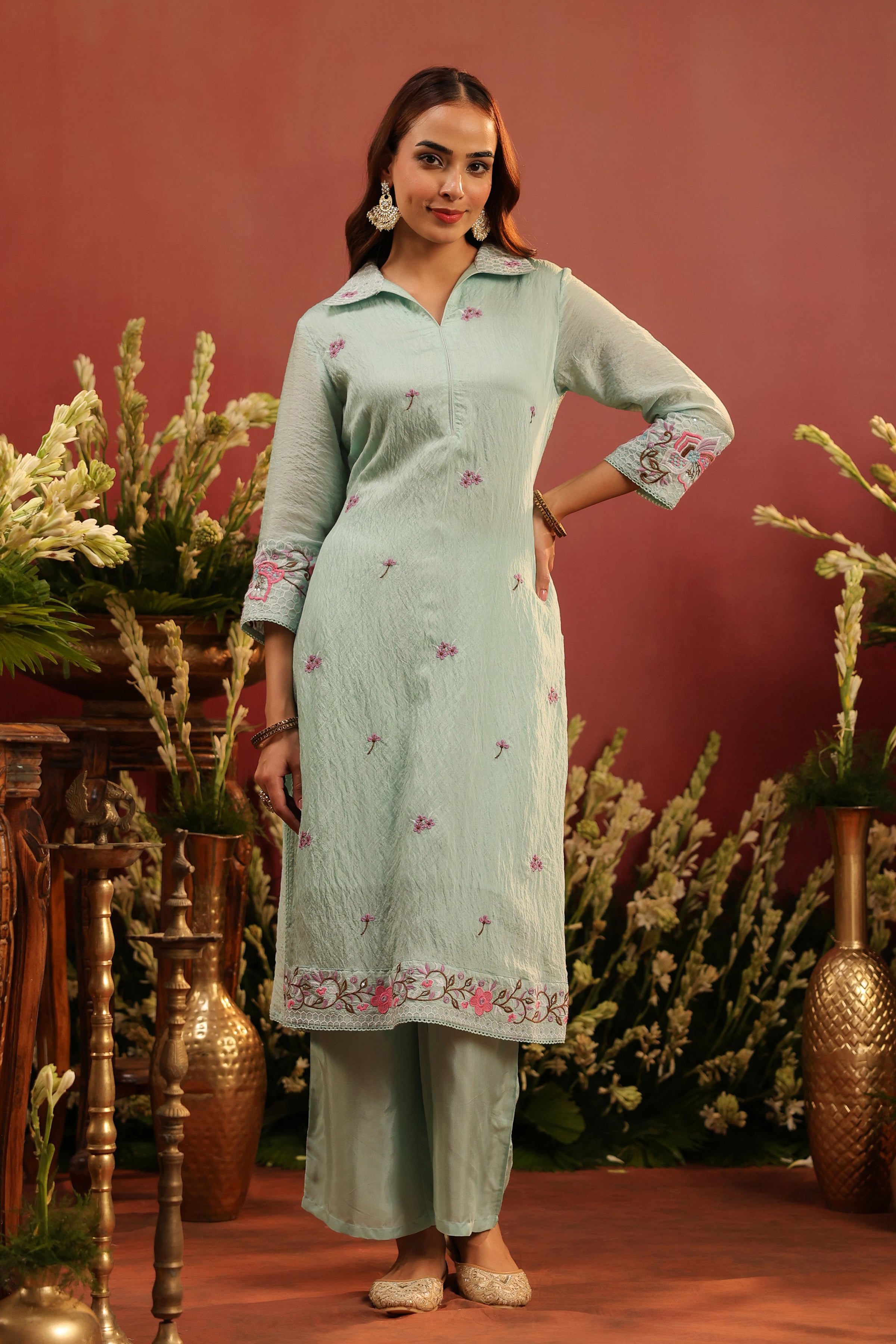 Sea Green Mul Chanderi Embroidered Co-ord Set