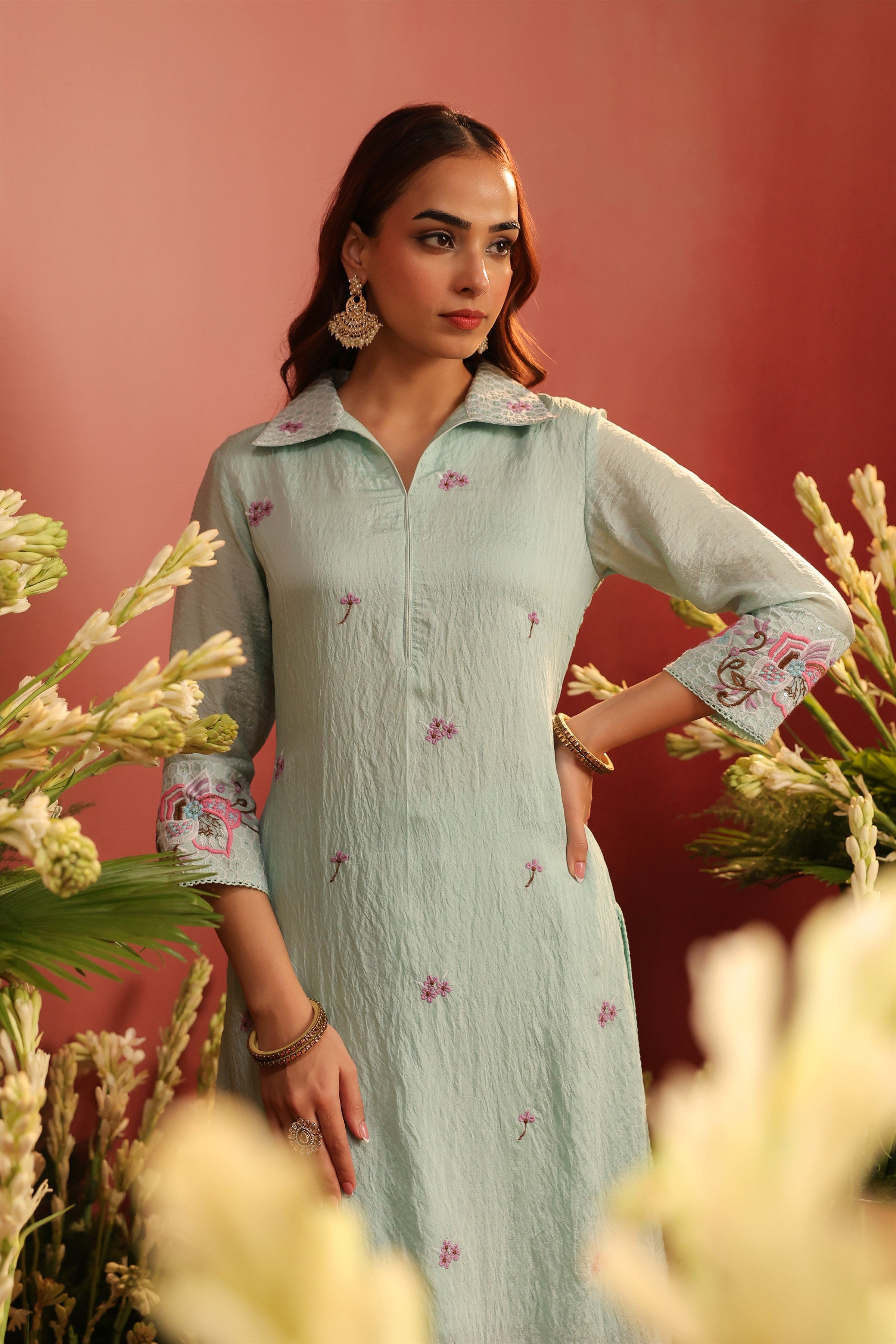 Sea Green Mul Chanderi Embroidered Co-ord Set