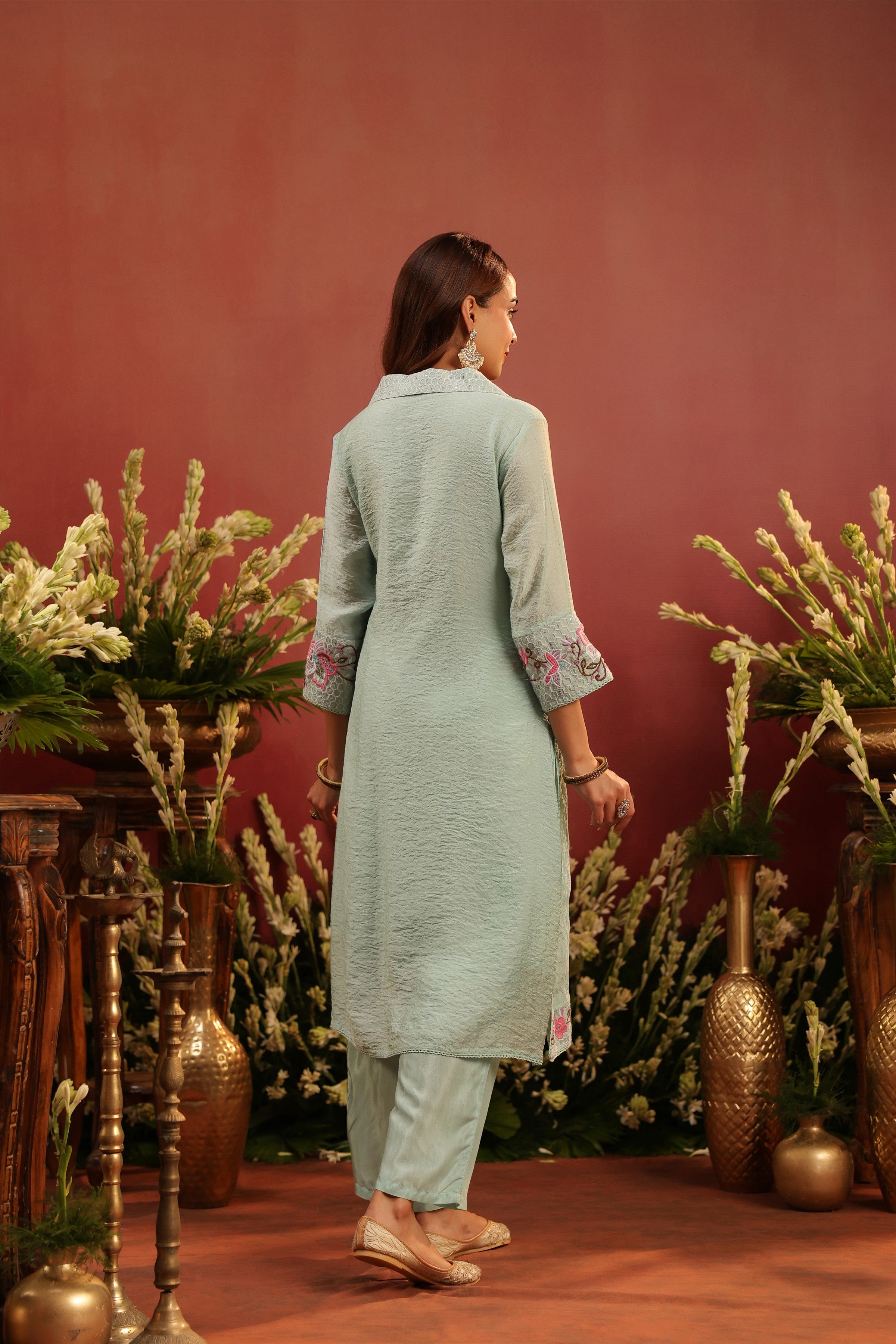 Sea Green Mul Chanderi Embroidered Co-ord Set