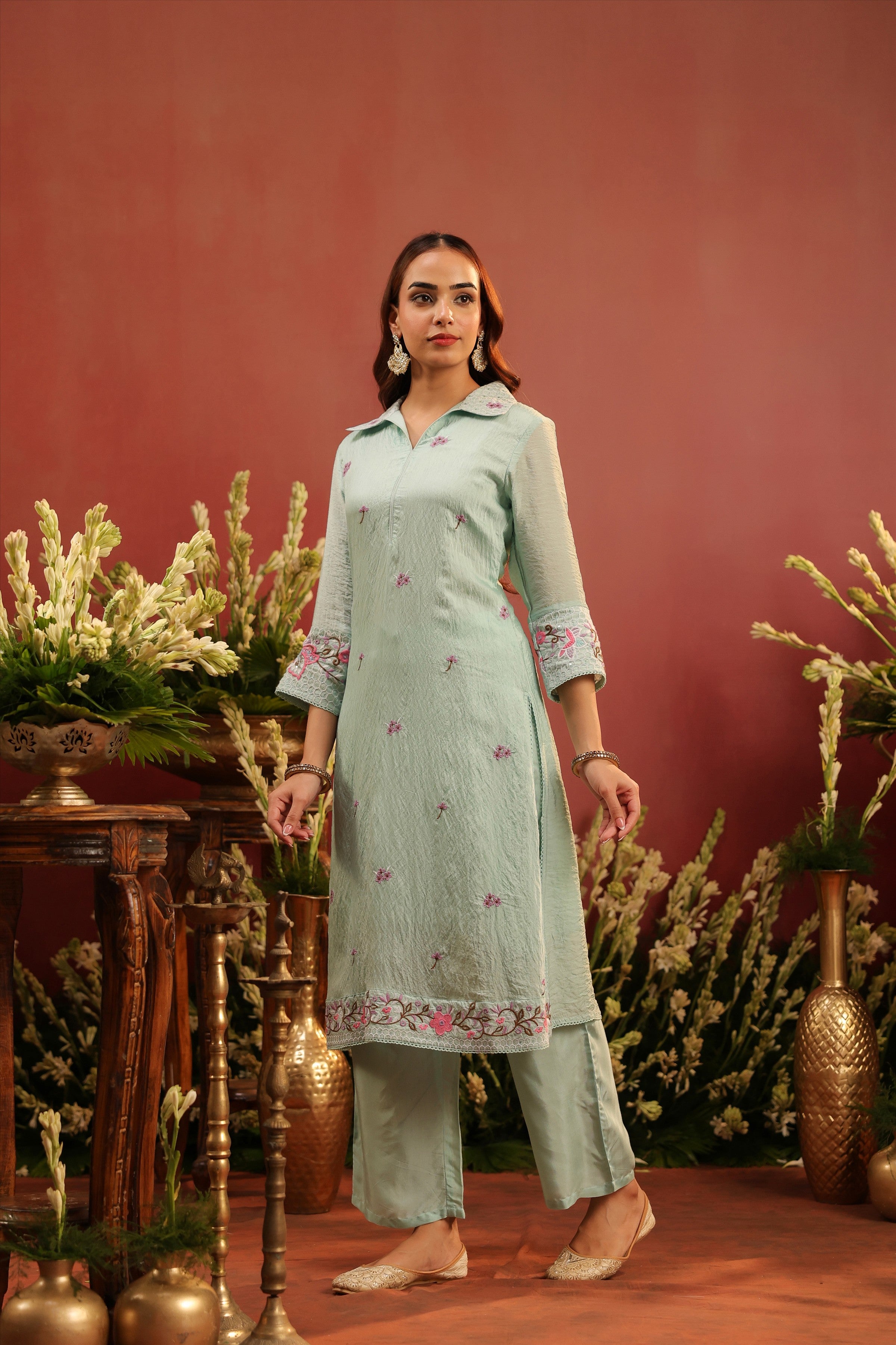 Sea Green Mul Chanderi Embroidered Co-ord Set