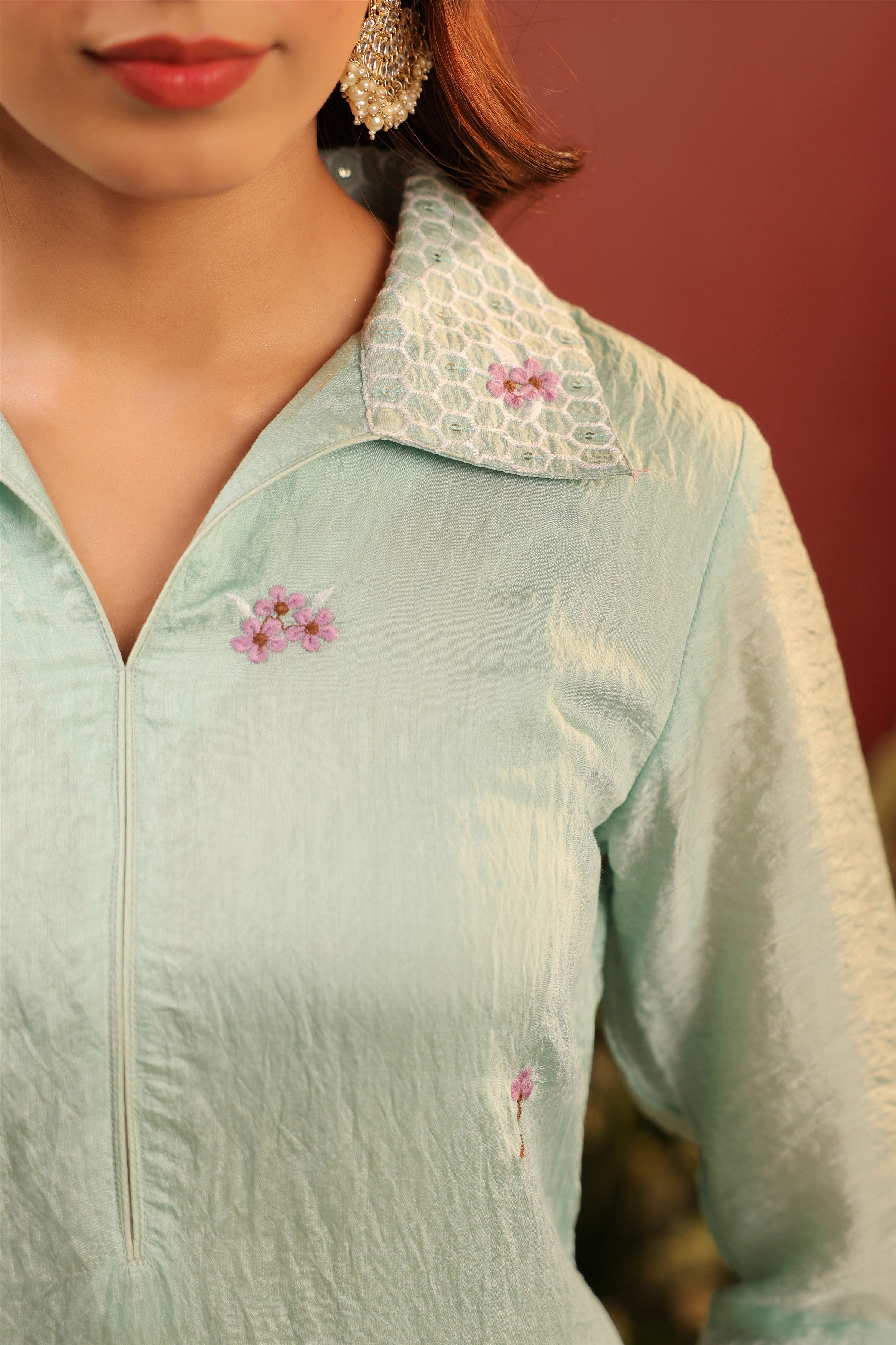 Sea Green Mul Chanderi Embroidered Co-ord Set