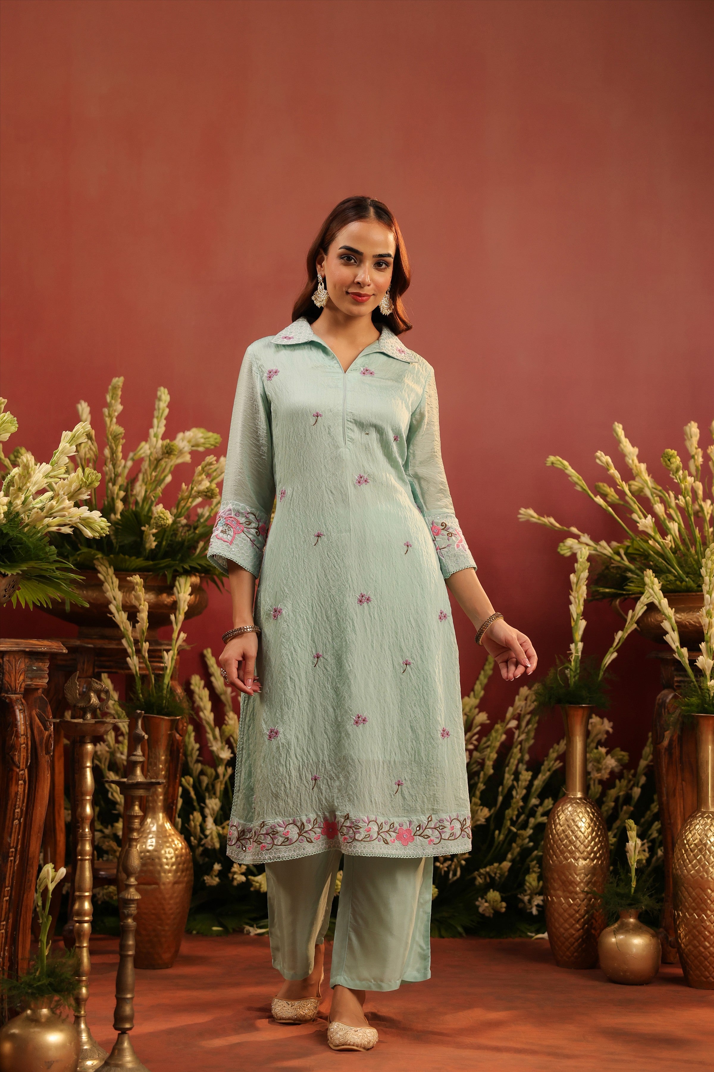 Sea Green Mul Chanderi Embroidered Co-ord Set