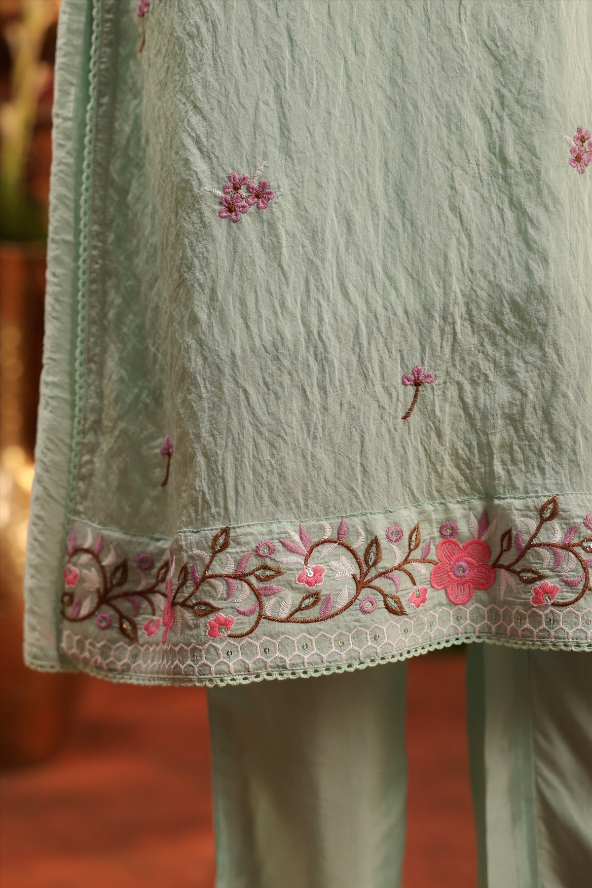 Sea Green Mul Chanderi Embroidered Co-ord Set