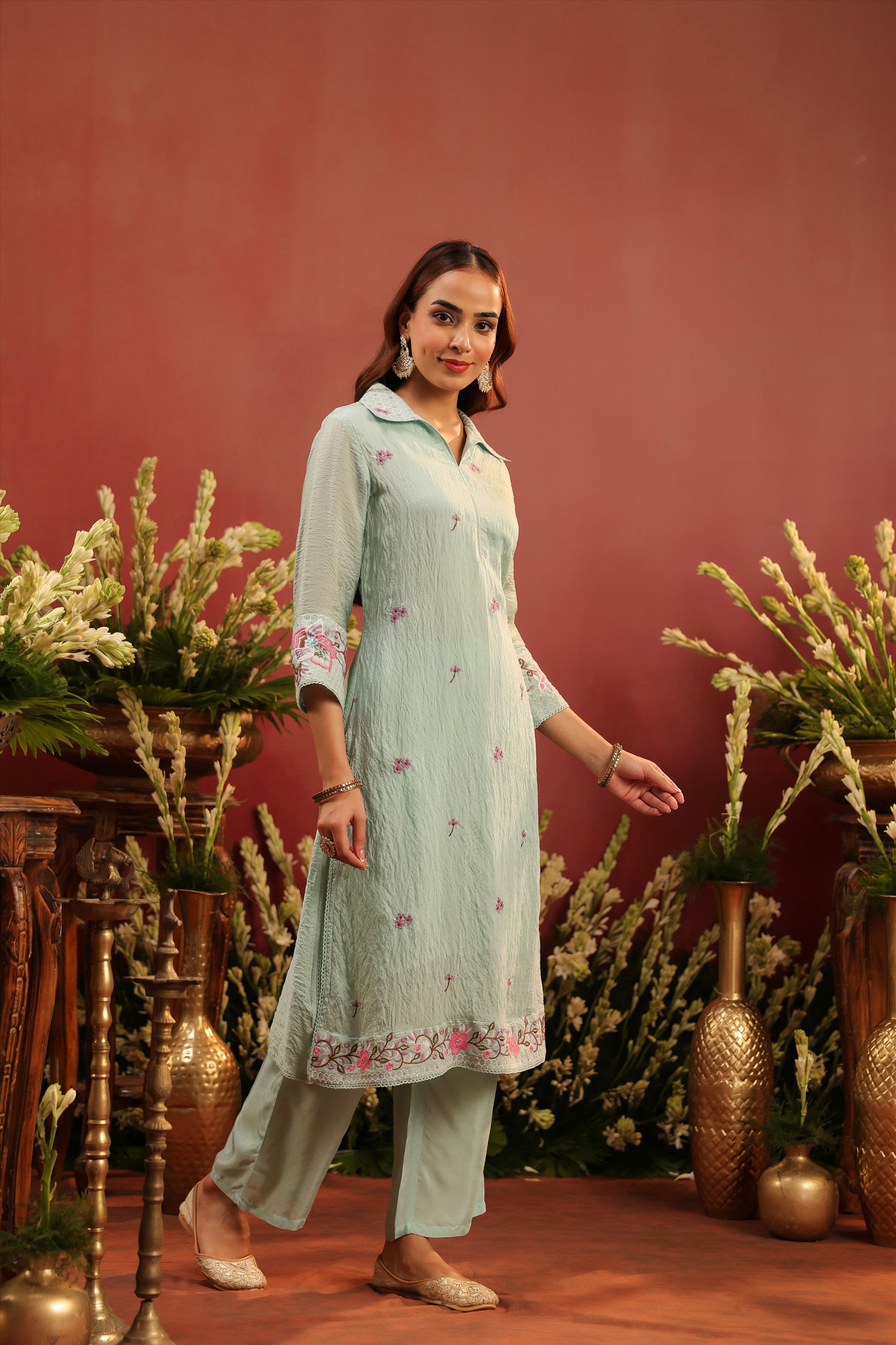 Sea Green Mul Chanderi Embroidered Co-ord Set