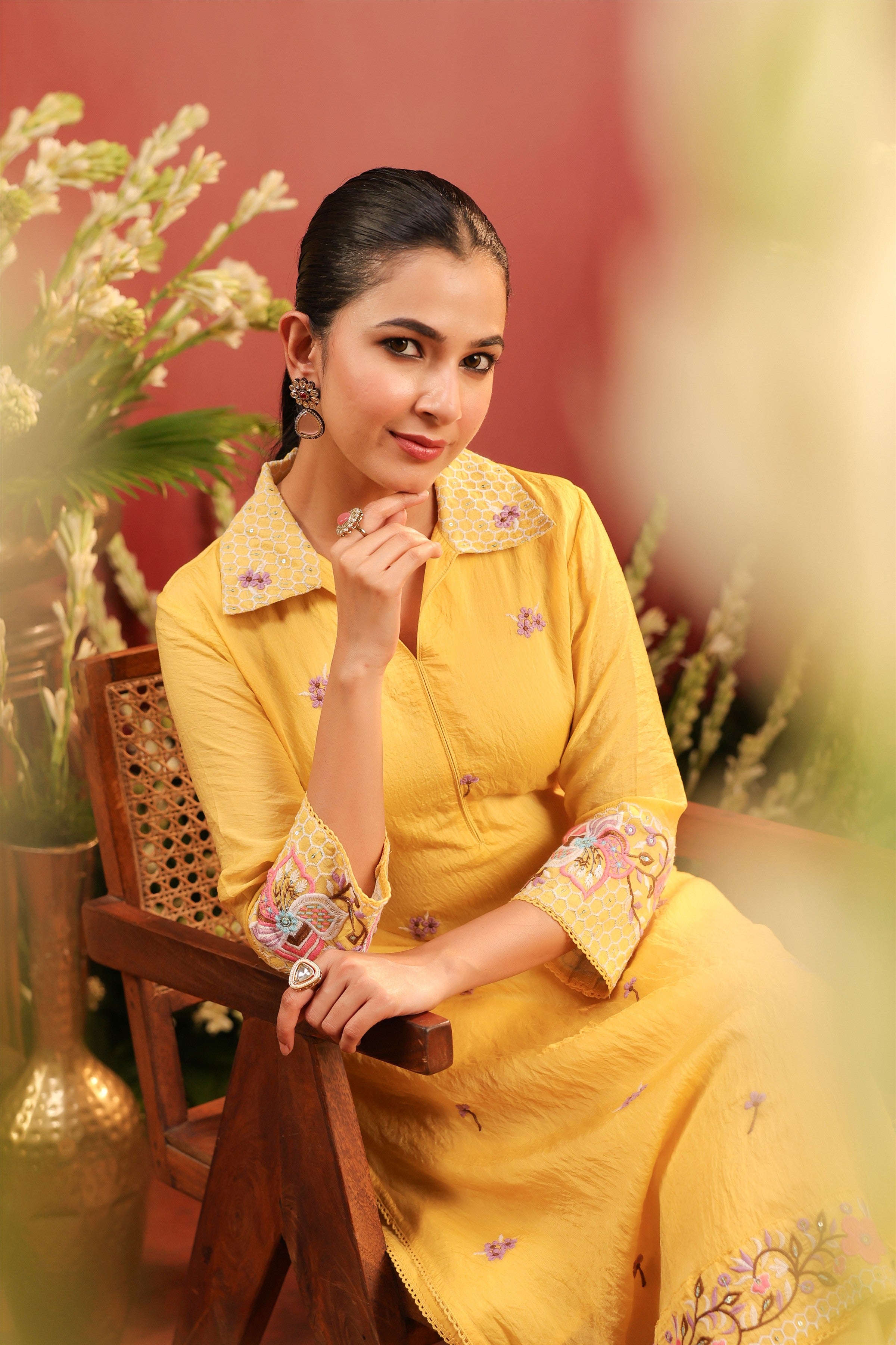 Yellow Mul Chanderi Embroidered Co-ord Set