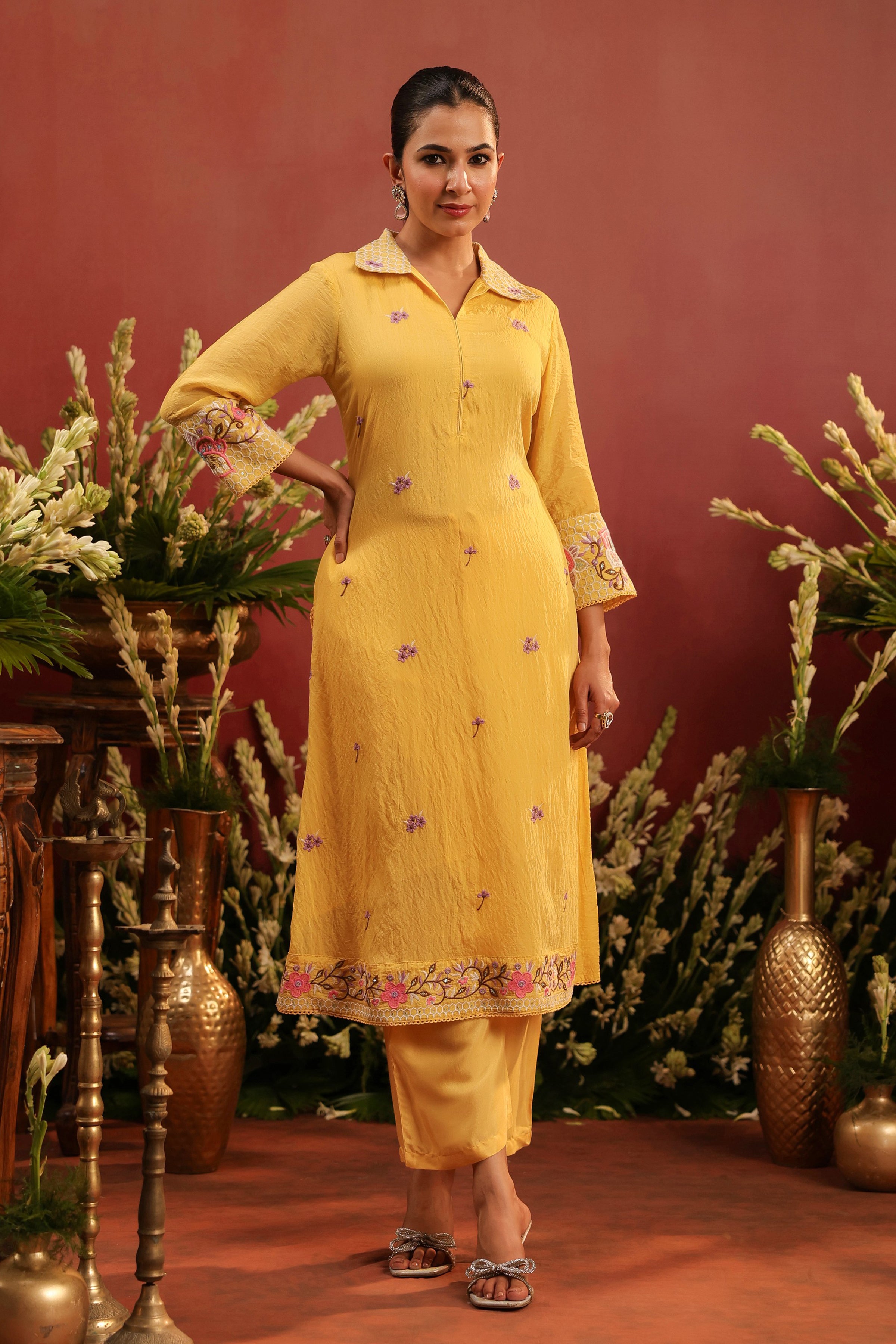 Yellow Mul Chanderi Embroidered Co-ord Set