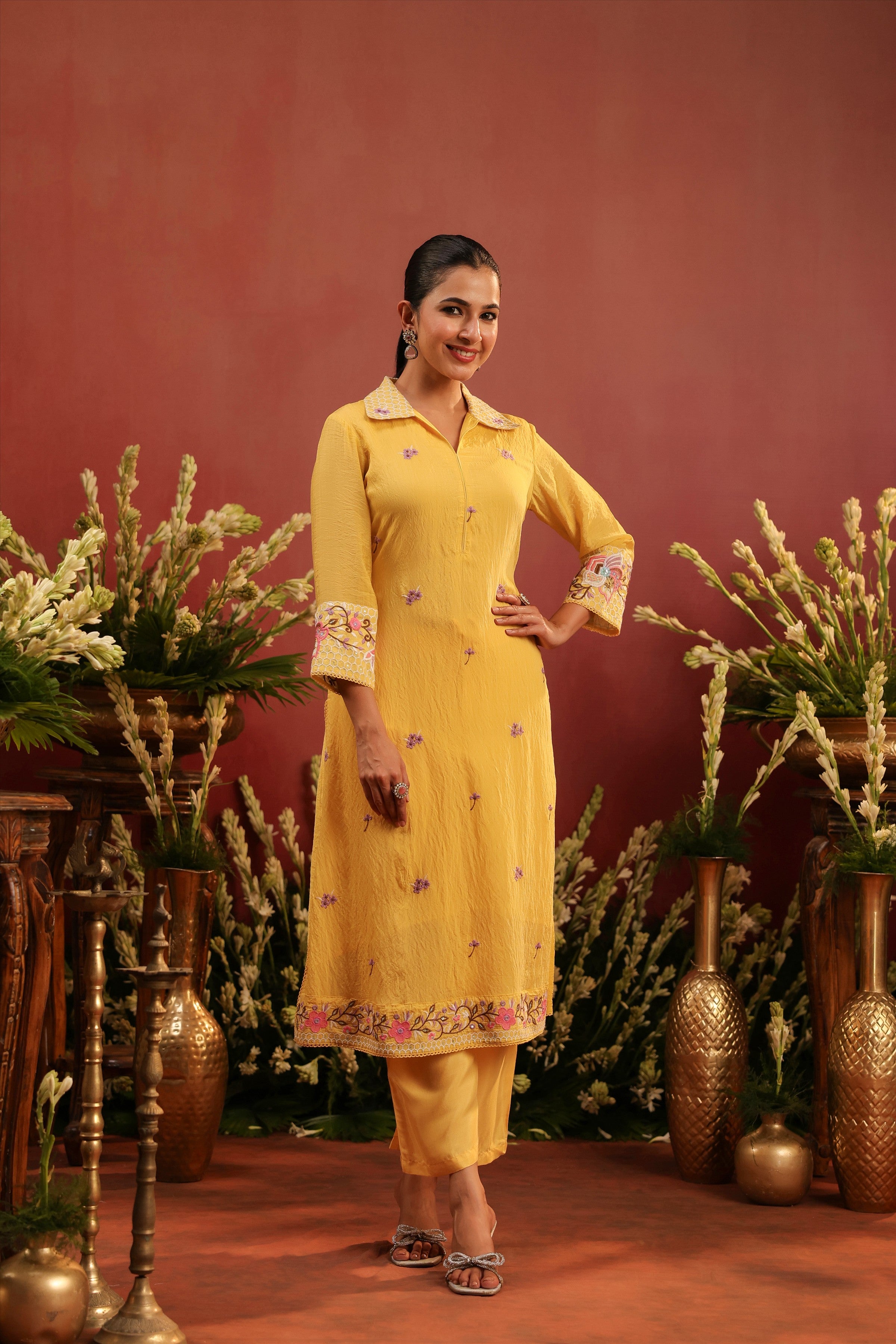 Yellow Mul Chanderi Embroidered Co-ord Set