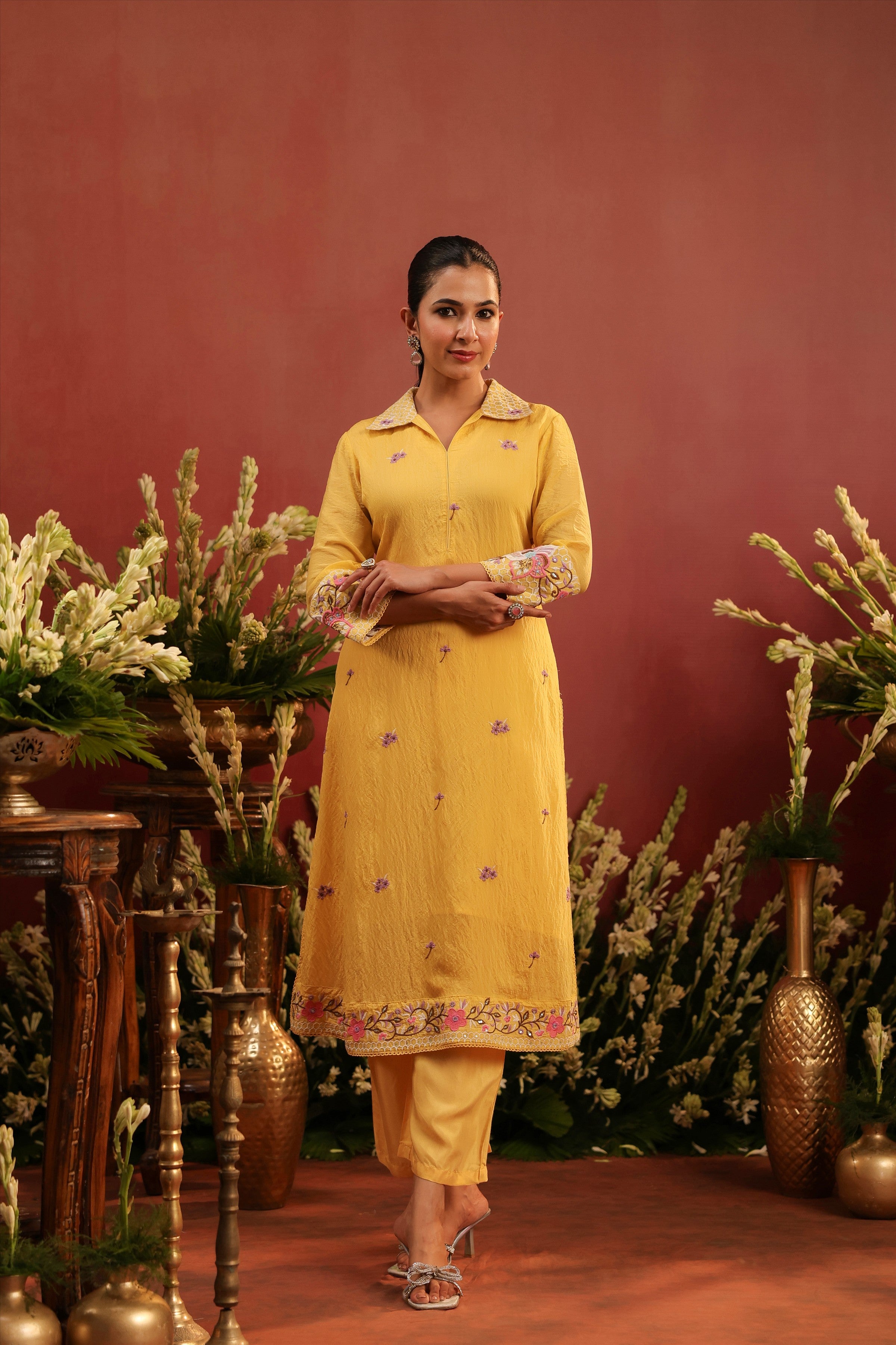 Yellow Mul Chanderi Embroidered Co-ord Set