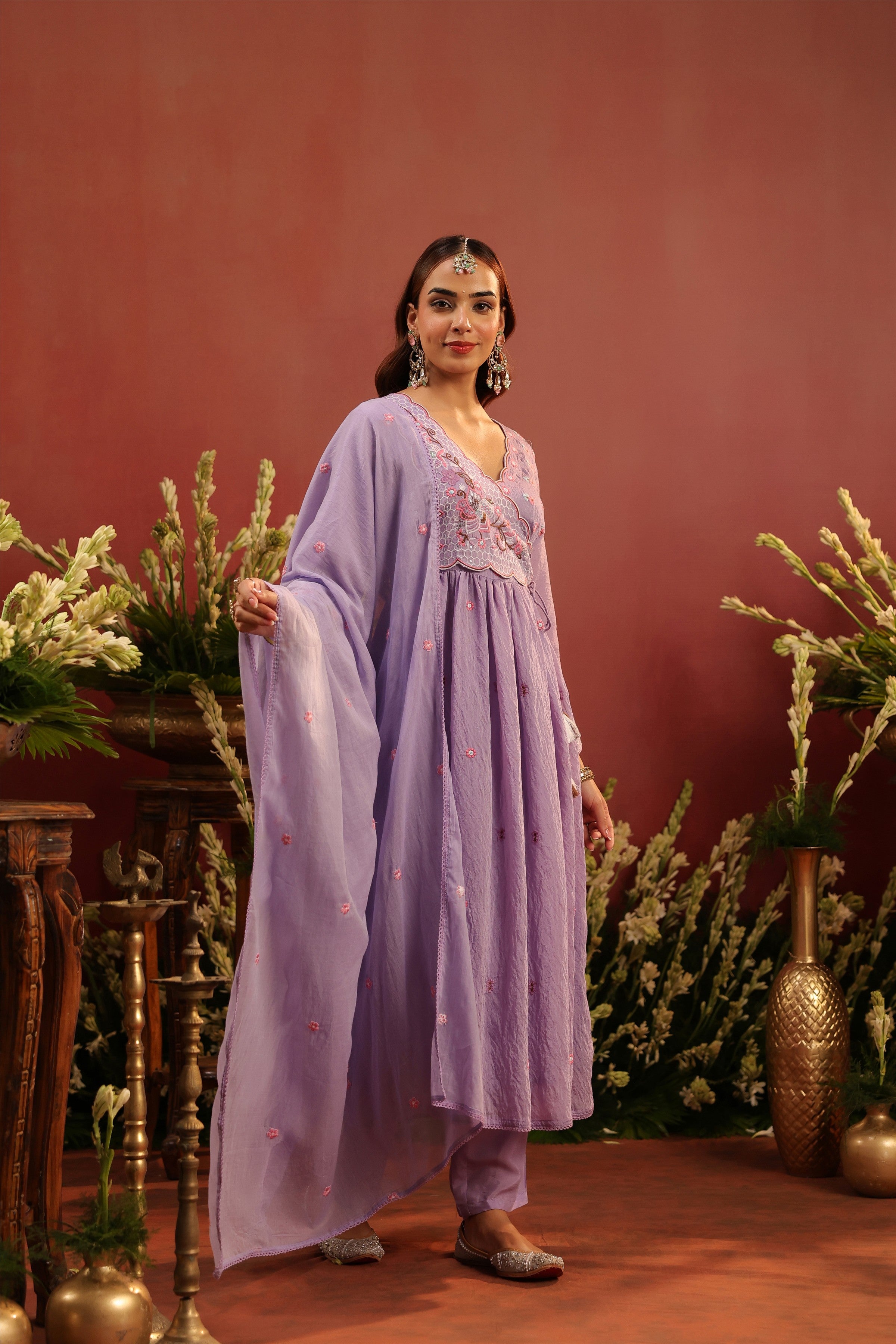 Lavender Mul Chanderi Embroidered Angrakha Anarkali Suit Set
