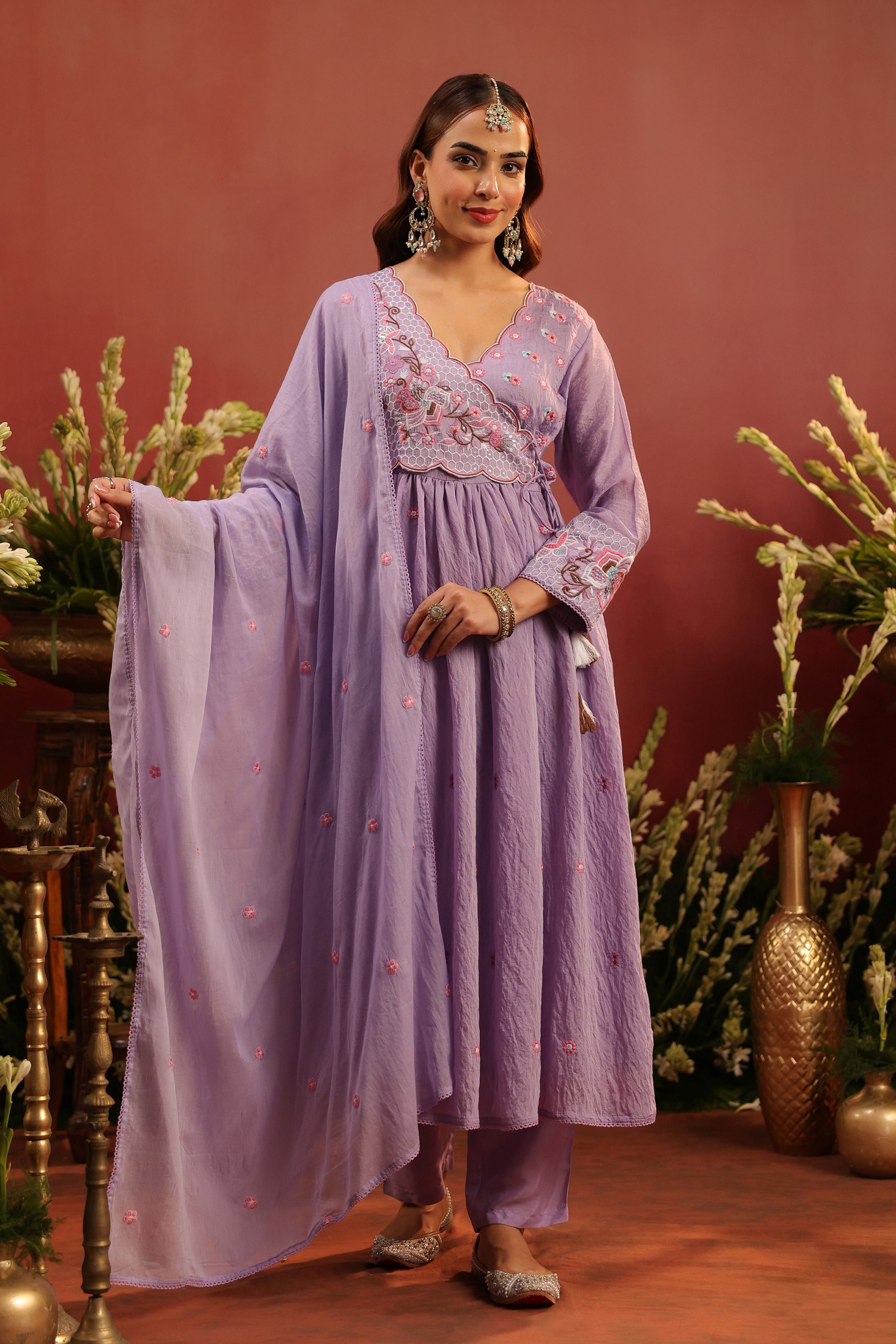Lavender Mul Chanderi Embroidered Angrakha Anarkali Suit Set