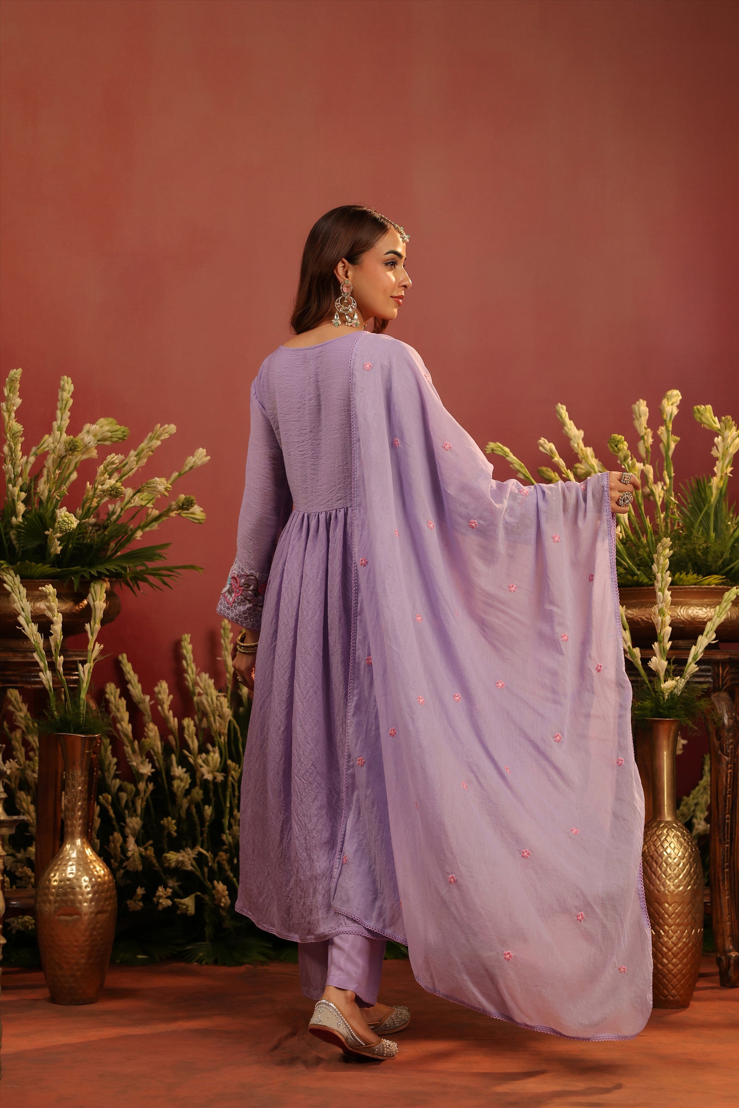 Lavender Mul Chanderi Embroidered Angrakha Anarkali Suit Set