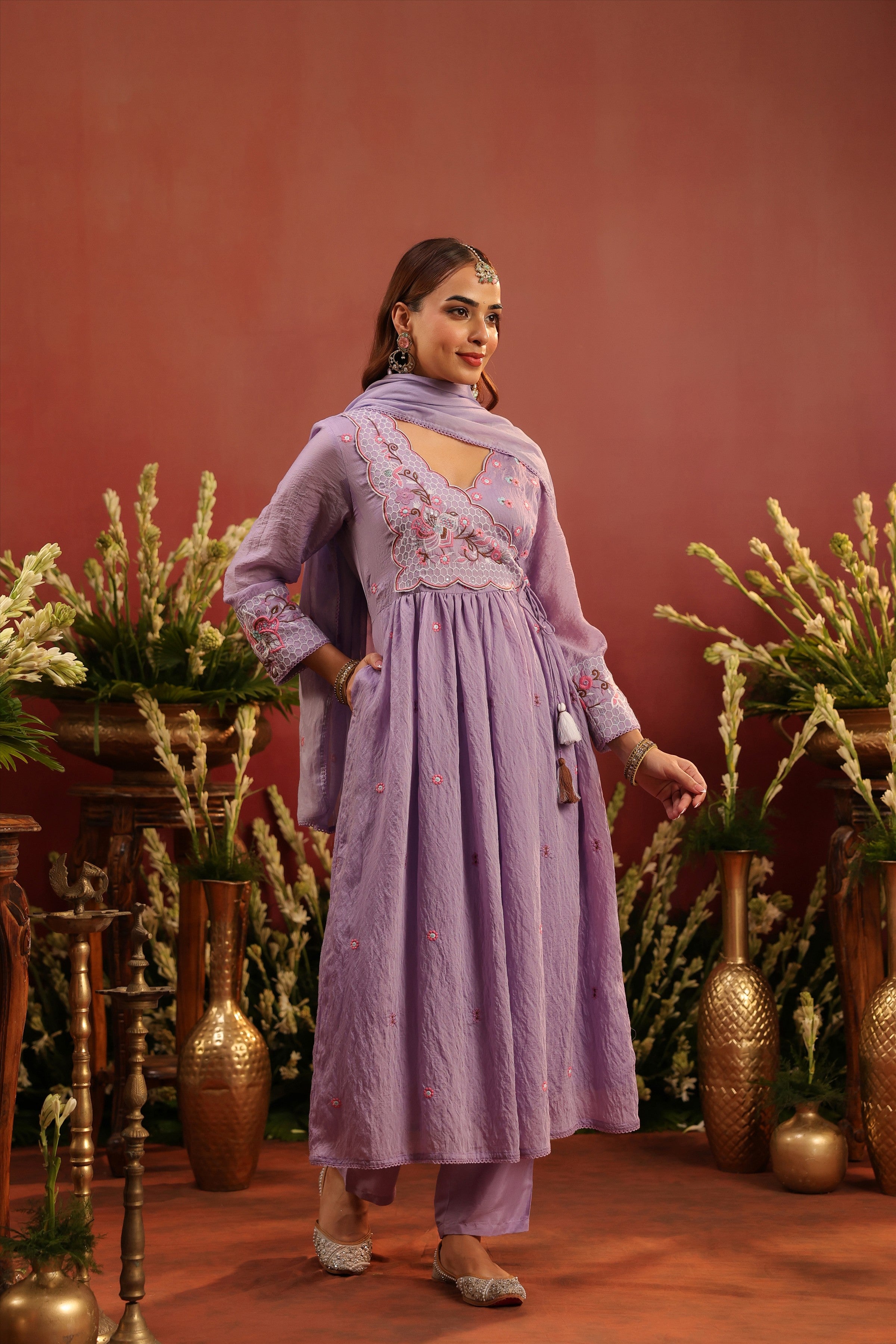 Lavender Mul Chanderi Embroidered Angrakha Anarkali Suit Set