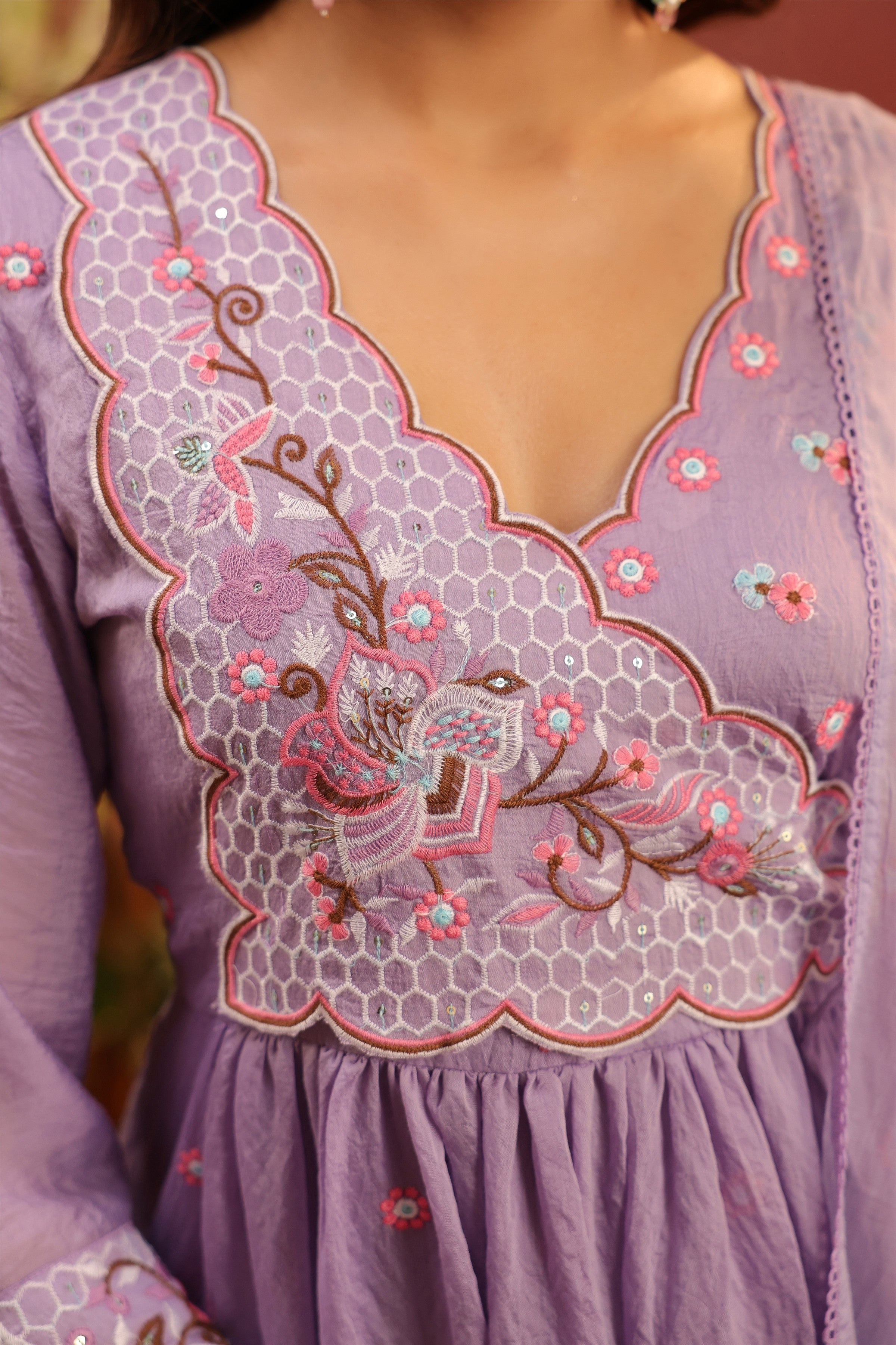 Lavender Mul Chanderi Embroidered Angrakha Anarkali Suit Set