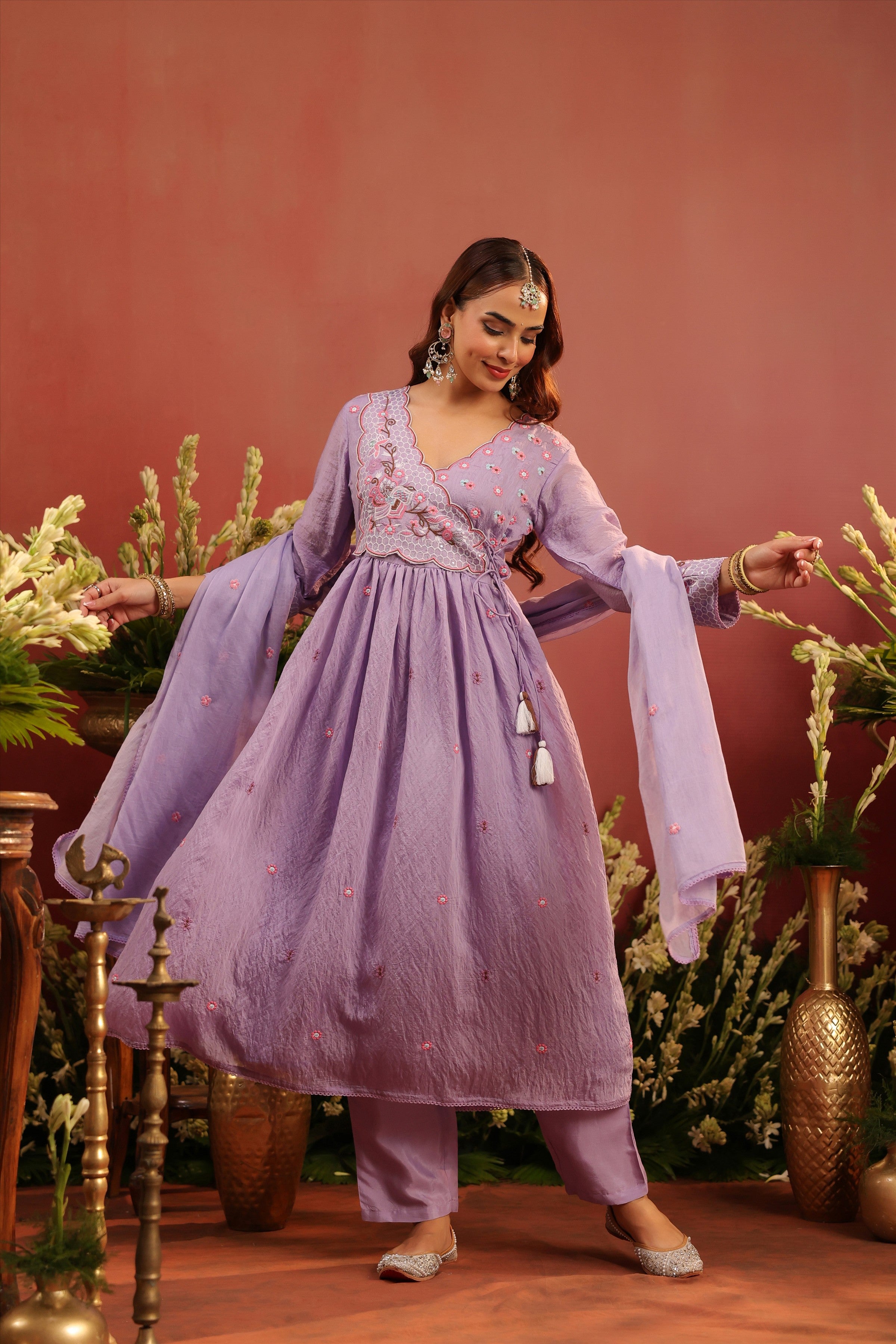 Lavender Mul Chanderi Embroidered Angrakha Anarkali Suit Set