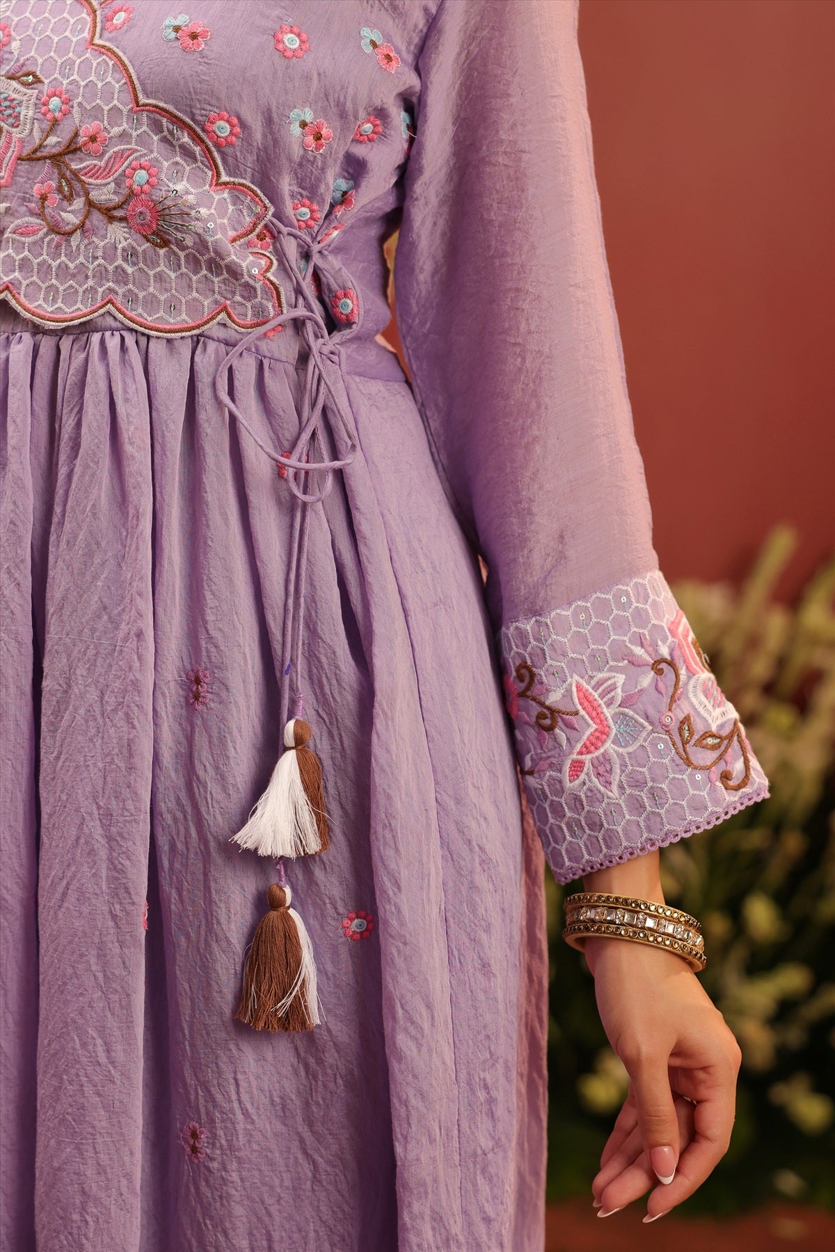 Lavender Mul Chanderi Embroidered Angrakha Anarkali Suit Set